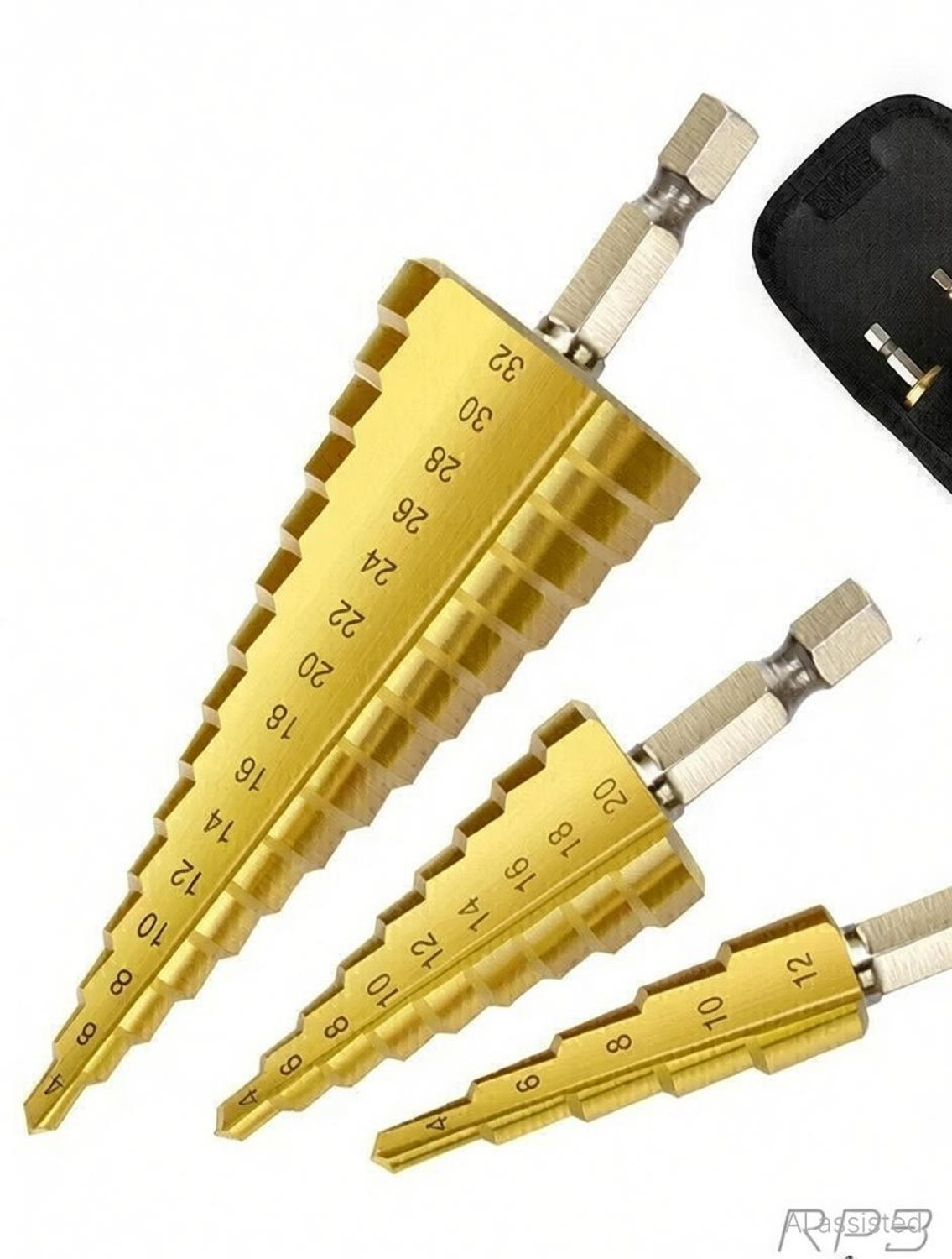 Image of RDX 3Pc Hss Step Cone Taper Drill Bit Set Hole Cutter Metric 4-12 /20 /32Mm 1 /4 Inch Titanium Coated Metal Hex Bits NA Specialty Woodworking Bits Set