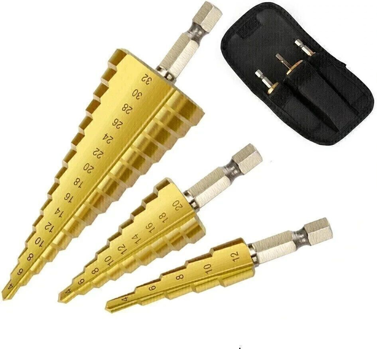 Image of RDX 3Pc Hss Step Cone Taper Drill Bit Set Hole Cutter Metric 4-12 /20 /32Mm 1 /4 Inch Titanium Coated Metal Hex Bits NA Specialty Woodworking Bits Set