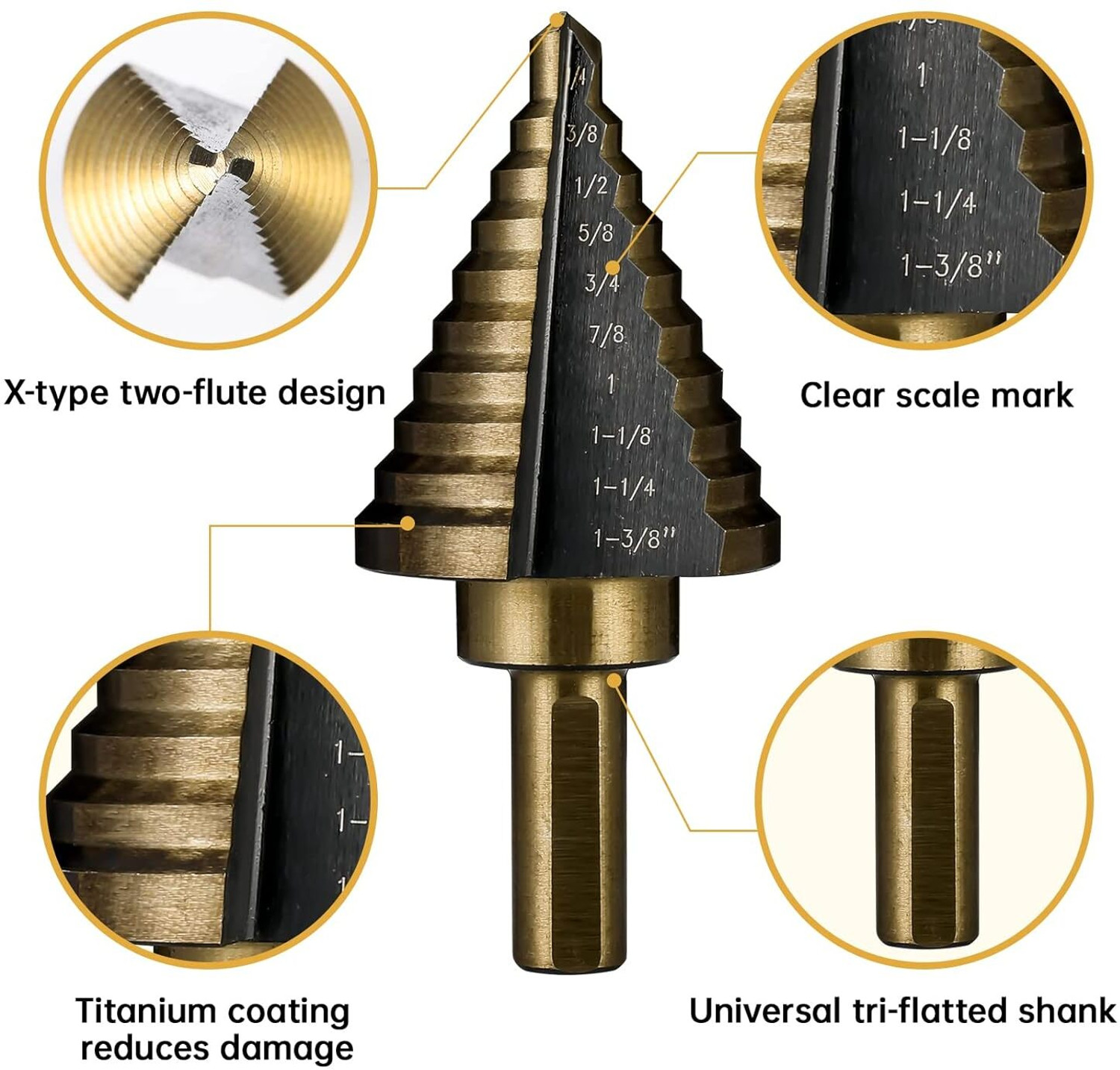 Image of Daccfy Step drill bits, 5pcs hss titanium step drill bit set high speed steel step bits for metal with aluminum case