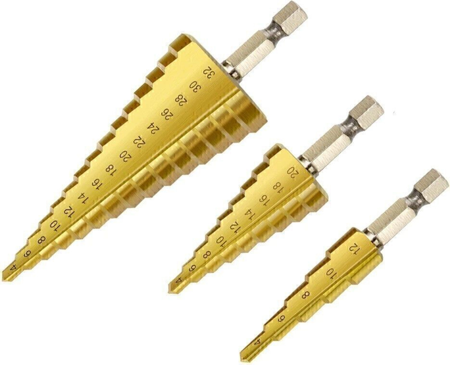 Image of RDX 3Pc Hss Step Cone Taper Drill Bit Set Hole Cutter Metric 4-12 /20 /32Mm 1 /4 Inch Titanium Coated Metal Hex Bits NA Specialty Woodworking Bits Set