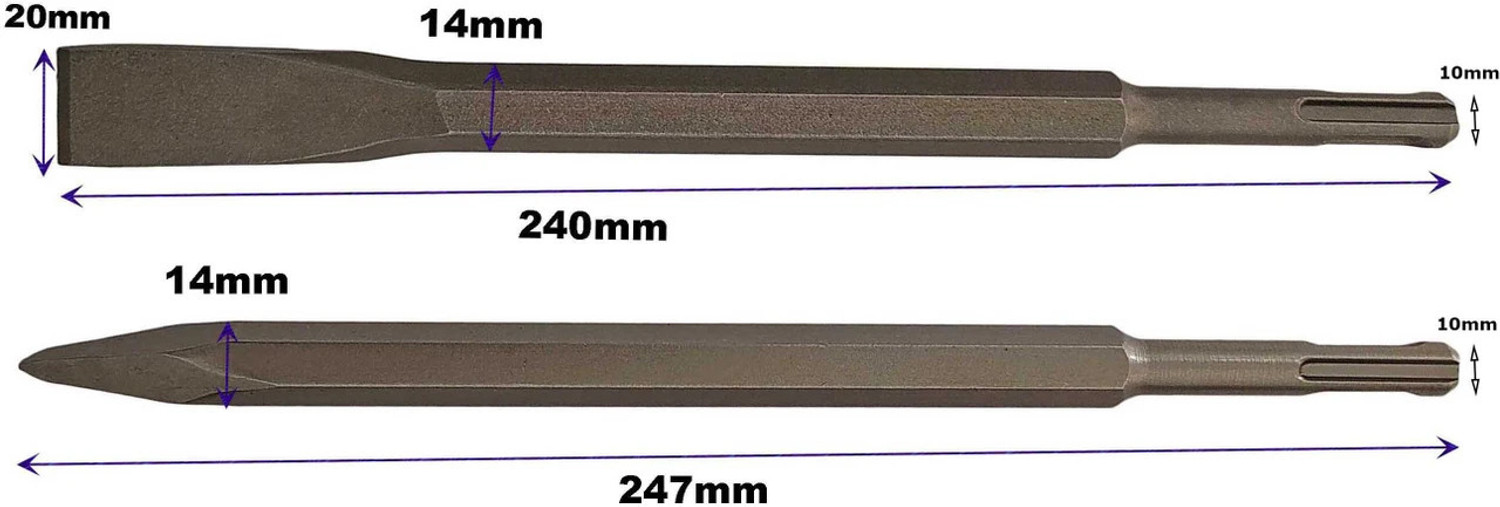 Image of Inditrust 5pc hammer bit set of hammer drills and chisels size 6x100, 8x100, 10x100, 2 chipping chisels