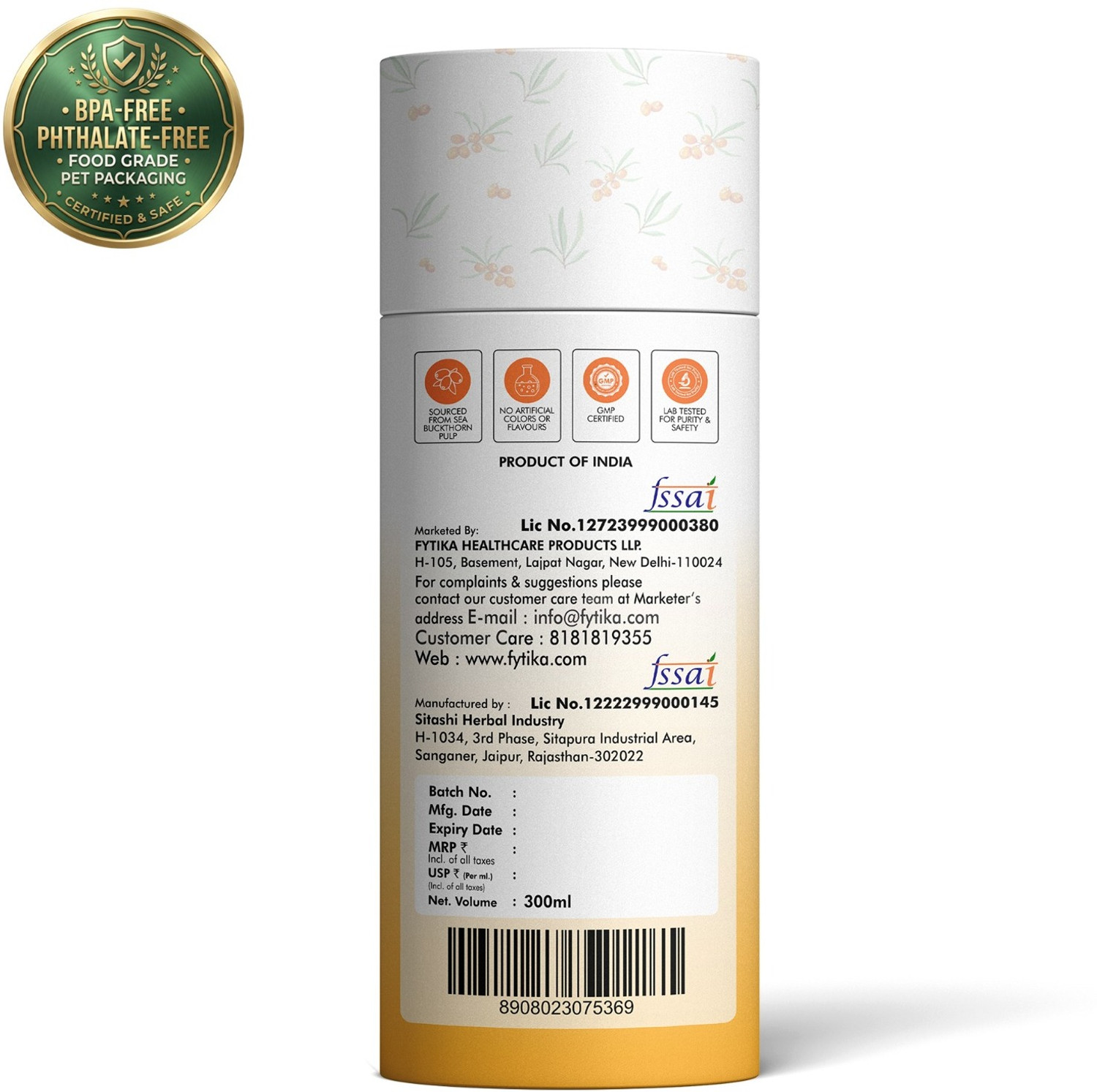 Image of FYTIKA Sea Buckthorn Juice | Pulp Concentrate, For Men & Women | 600 ml
