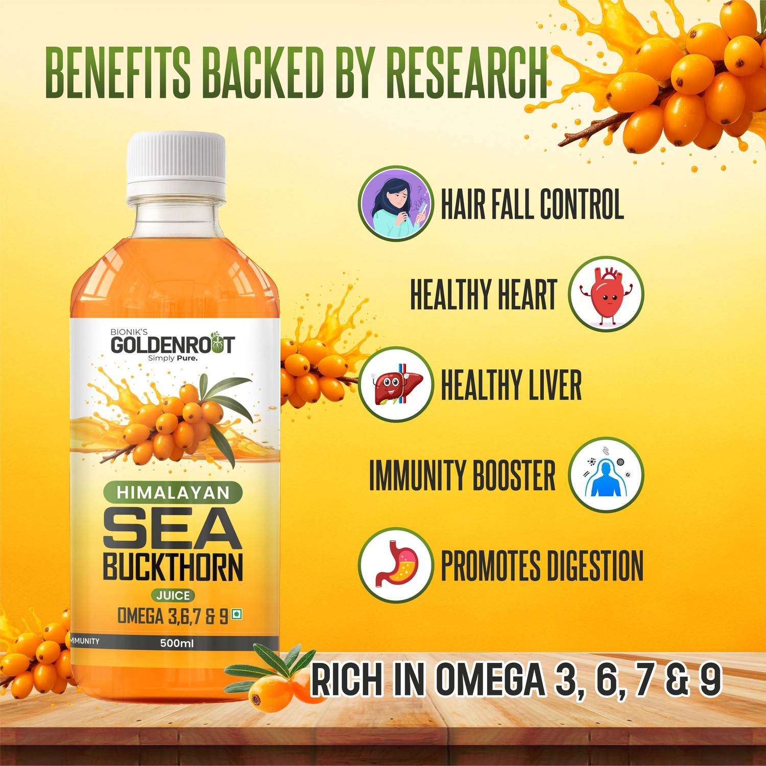 Image of BIONIK NUTRITION Goldenroot Himalayan Sea Buckthorn Juice| Omega 3,6,7&9|Immunity, Skin, Heart (500 ml)