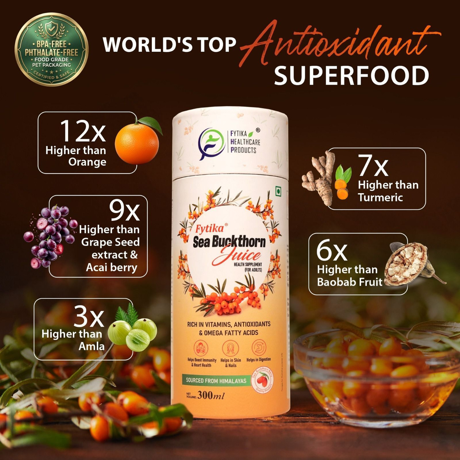 Image of FYTIKA Sea Buckthorn Juice | Pulp Concentrate, For Men & Women | 300 ml