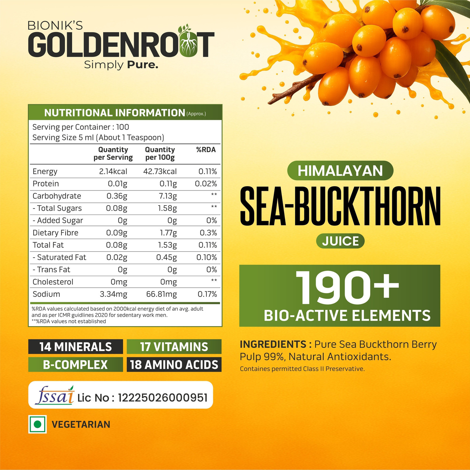 Image of BIONIK NUTRITION Goldenroot Himalayan Sea Buckthorn Juice| Omega 3,6,7&9|Immunity, Skin, Heart (500 ml)
