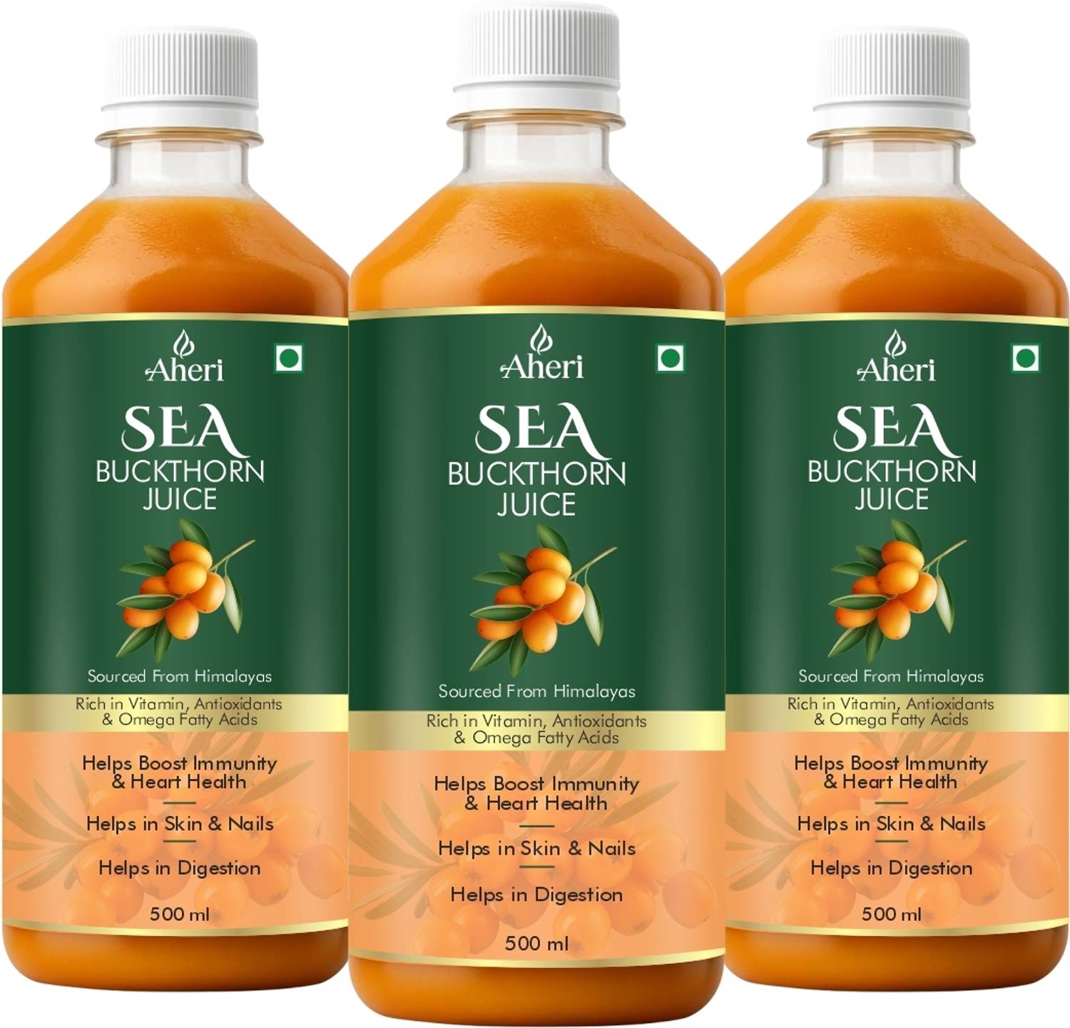 AHERI Himalayan Sea Buckthorn Juice | Rich in Vitamin, Antioxidant & Omega(3 x 500 ml)