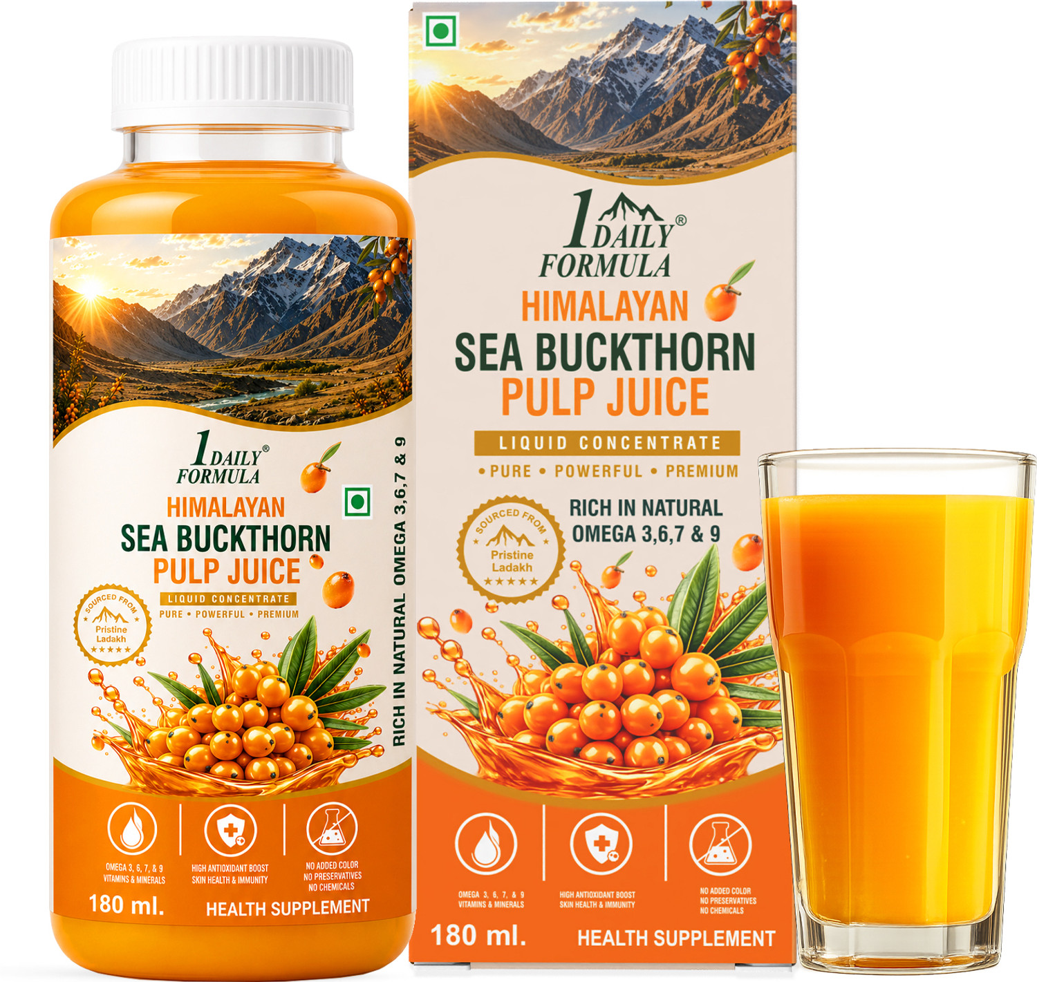 Image of 1DAILYFORMULA Sea Buckthorn Berry Juice - Rich in Antioxidants, Omega 3, 6, 7, 9 & Vitamin C
