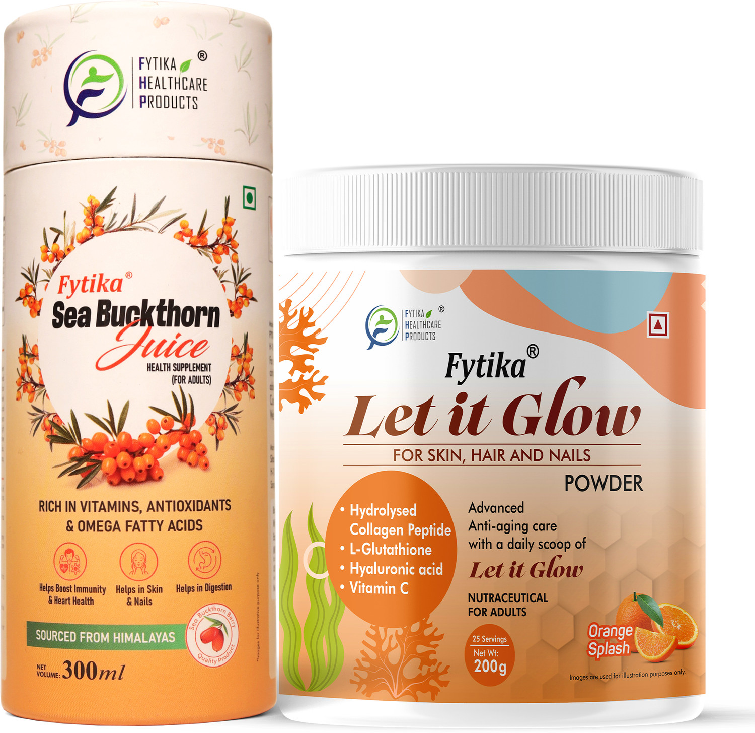 Image of FYTIKA Sea Buckthorn Juice-300ml & Let it Glow Collagen Powder Orange Splash-200G Combo