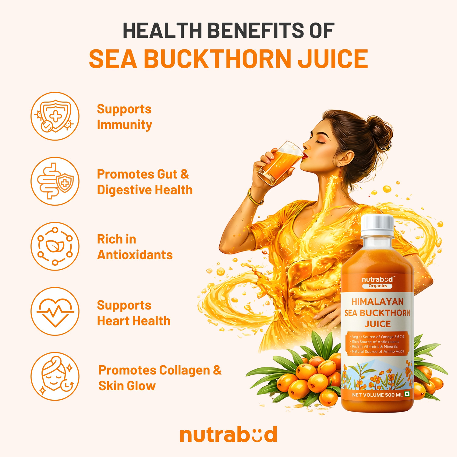 Image of Nutrabud Sea Buckthorn Berry Juice - From Ladakh - Rich in Omega-3,6,7,9 & Vitamin-C