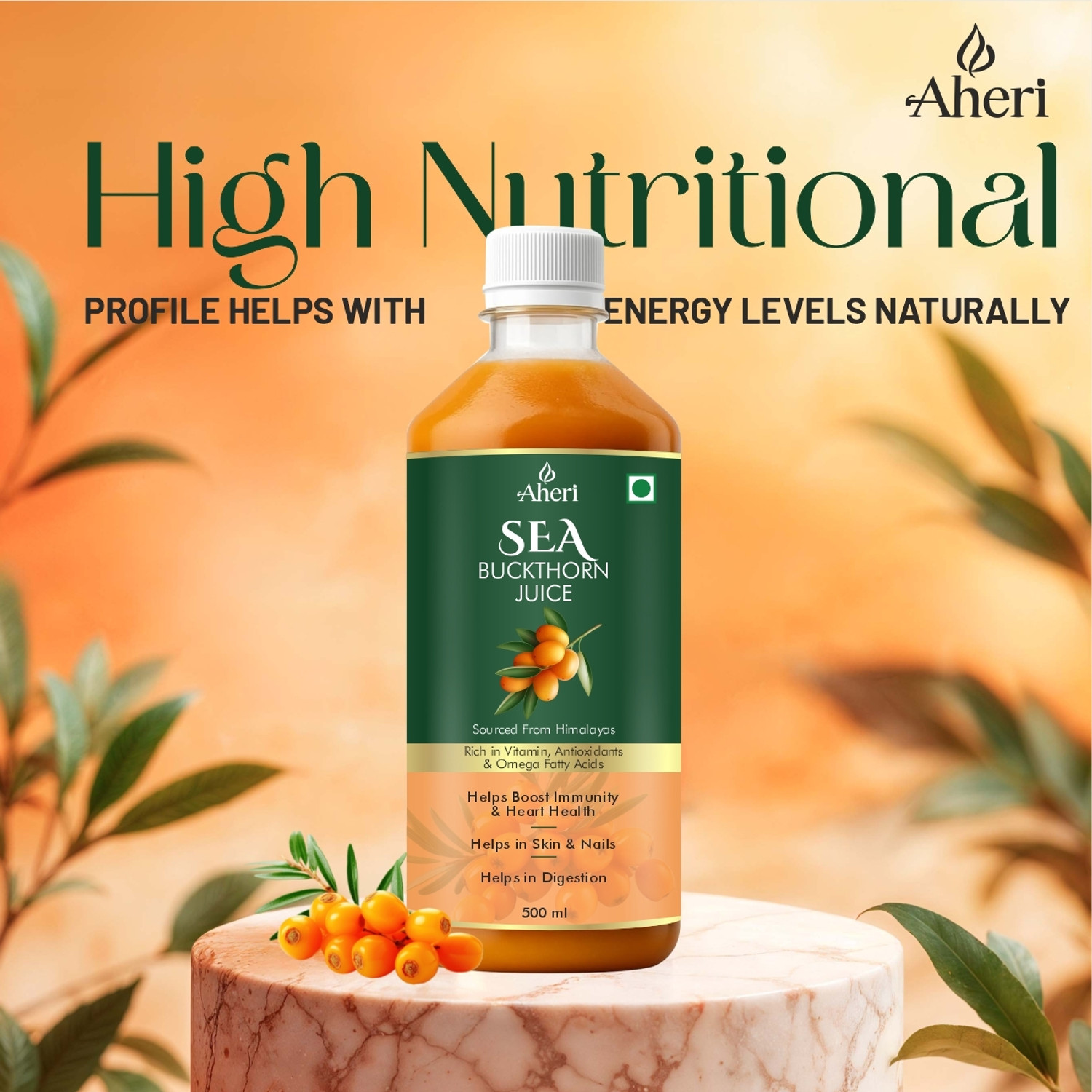 Image of AHERI Himalayan Sea Buckthorn Juice | Rich in Vitamins, Antioxidant & Omega Fatty Acid