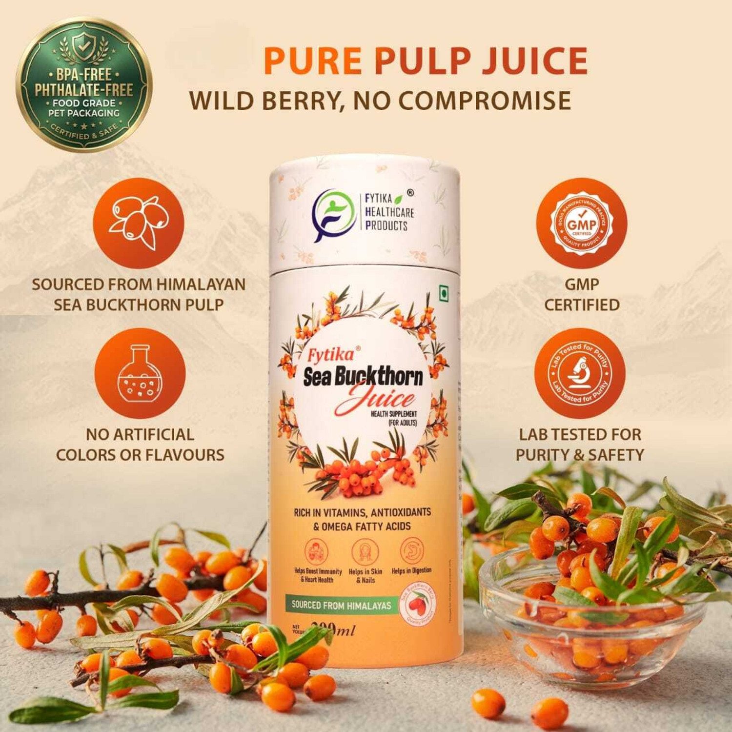 Image of FYTIKA Sea Buckthorn Juice | Pulp Concentrate, For Men & Women | 300 ml
