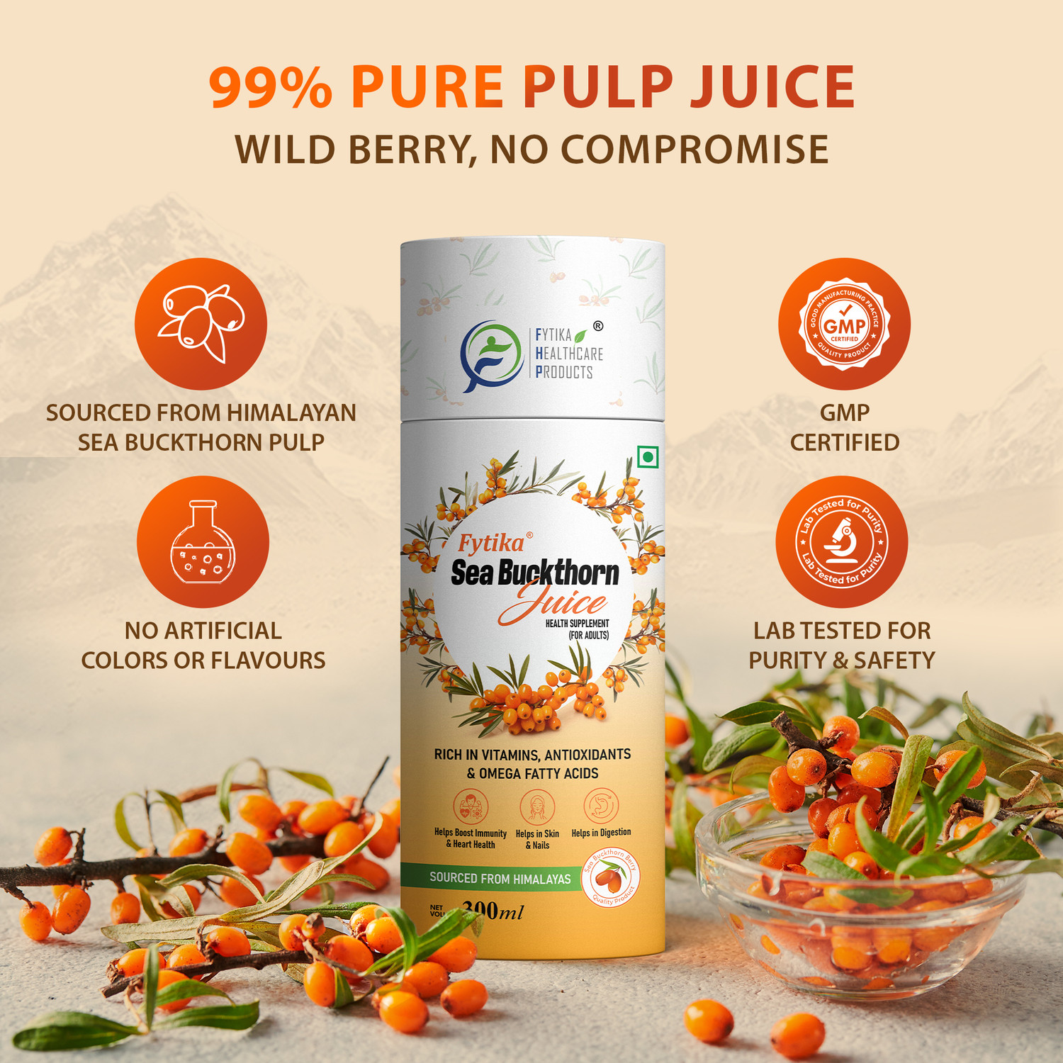 Image of FYTIKA Sea Buckthorn Juice-300ml & Let it Glow Collagen Powder Orange Splash-200G Combo