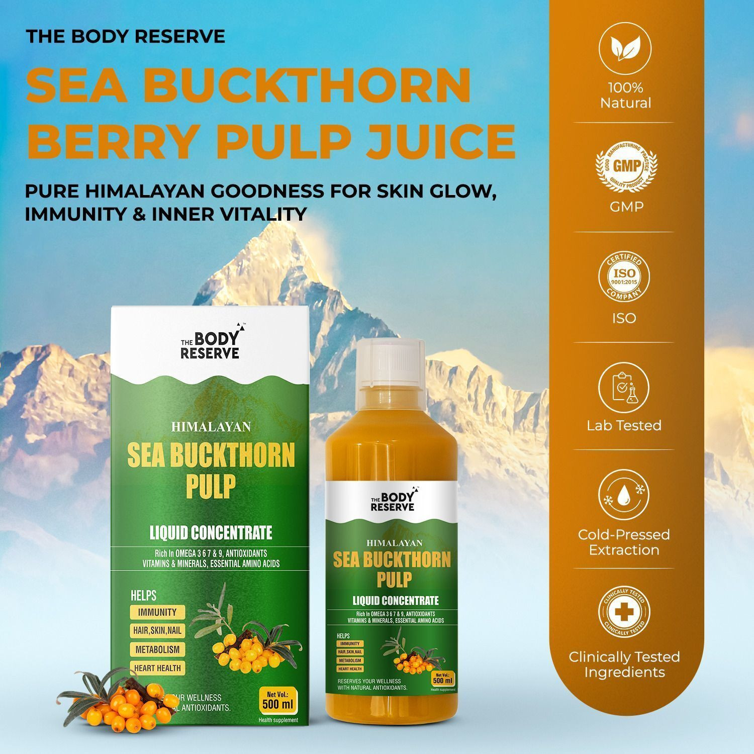 Image of the body reserve Sea Buckthorn Juice 500 ml Rich in Antioxidants, Omega 3, 6, 7, 9 & Vitamin C.