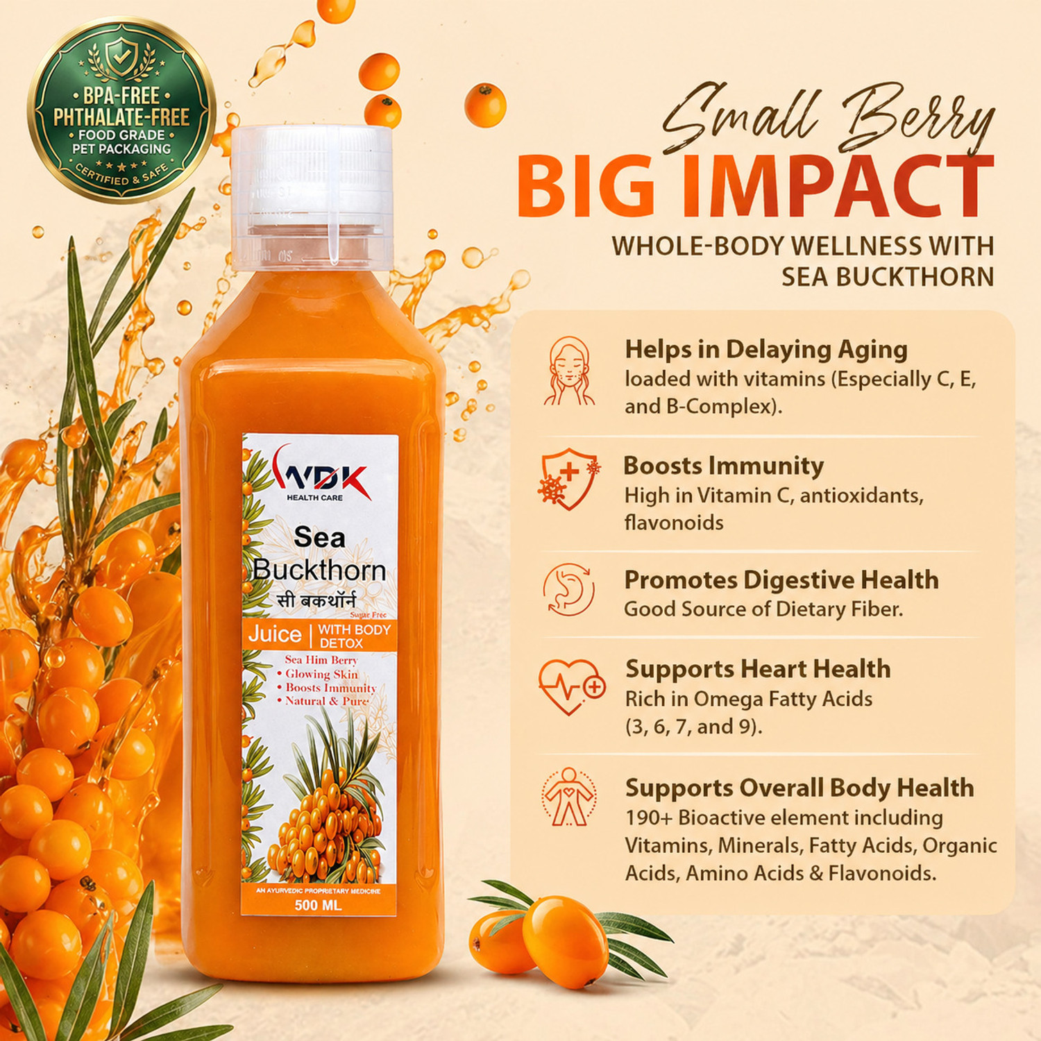 Image of WDK Sea Buckthorn Juice | Rich in Omega 3, 6, 7 & 9 | Vitamin C Source
