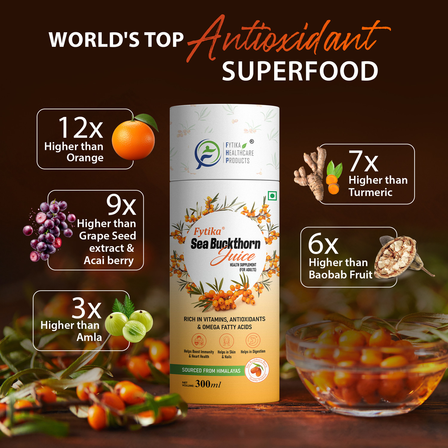Image of FYTIKA Sea Buckthorn Juice-300ml & Let it Glow Collagen Powder Orange Splash-200G Combo