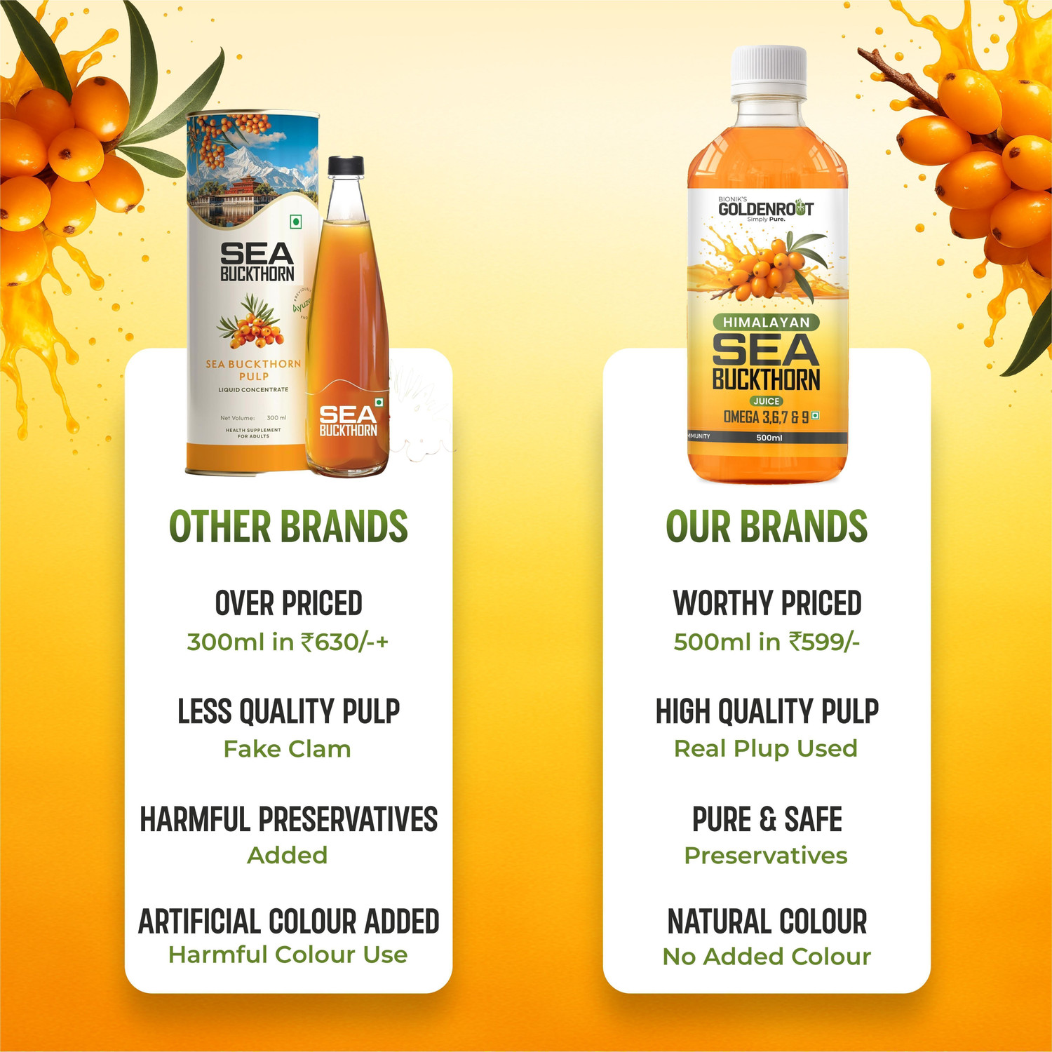 Image of BIONIK NUTRITION Goldenroot Himalayan Sea Buckthorn Juice| Omega 3,6,7&9|Immunity, Skin, Heart (500 ml)