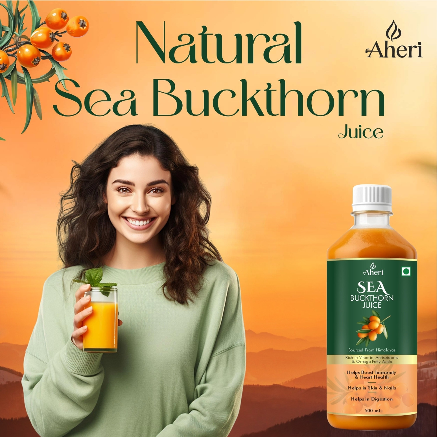 Image of AHERI Himalayan Sea Buckthorn Juice | Rich in Vitamins, Antioxidant & Omega Fatty Acid