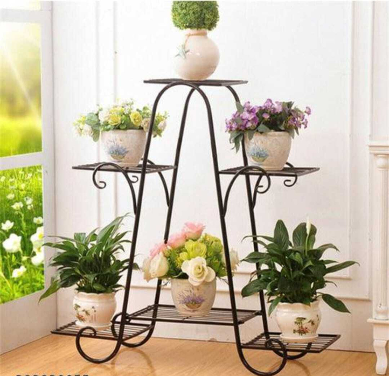 Image of Aliferous Plant Pot Stands for Indoors and Outdoors, 6 Tier A Shape Black Plant Container Set