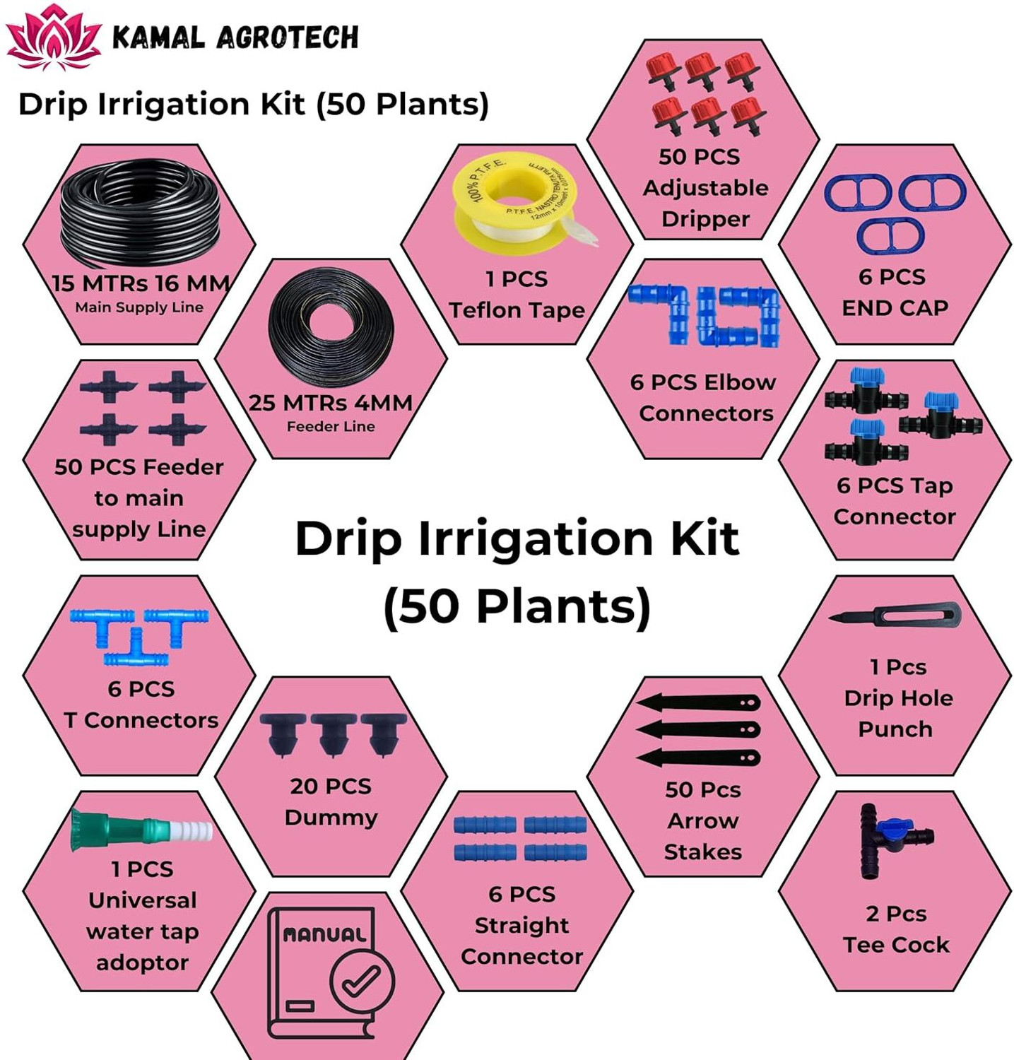 Image of Kamal Agrotech Adjustable Watering System for plants with Pipe Drippers & Connectors with whole Drip Irrigation Kit