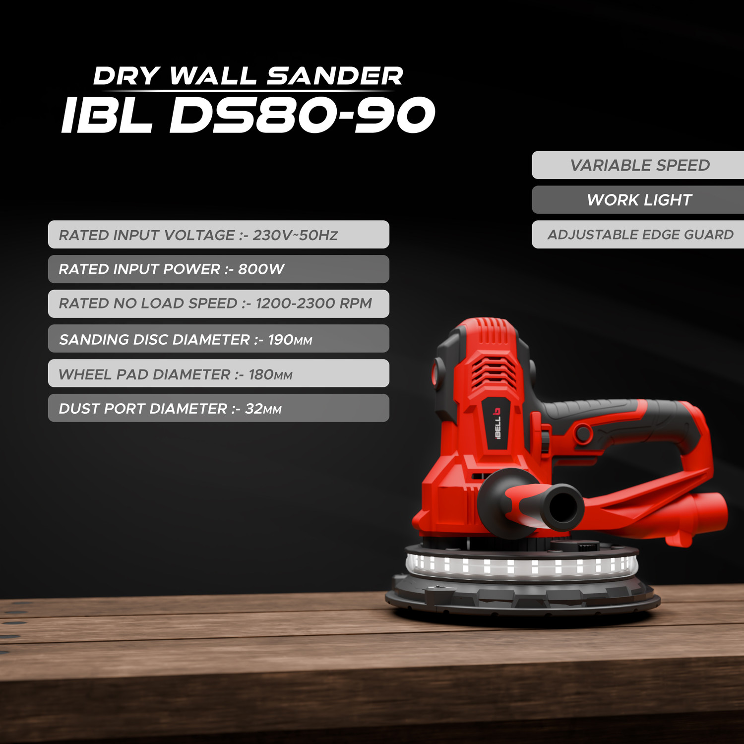 Image of iBELL IBL DS80-90 Dry Wall Sander 800W, Variable Speed, LED Light & 8-Hole Vacuum Support 7 inch Random Orbital Sander