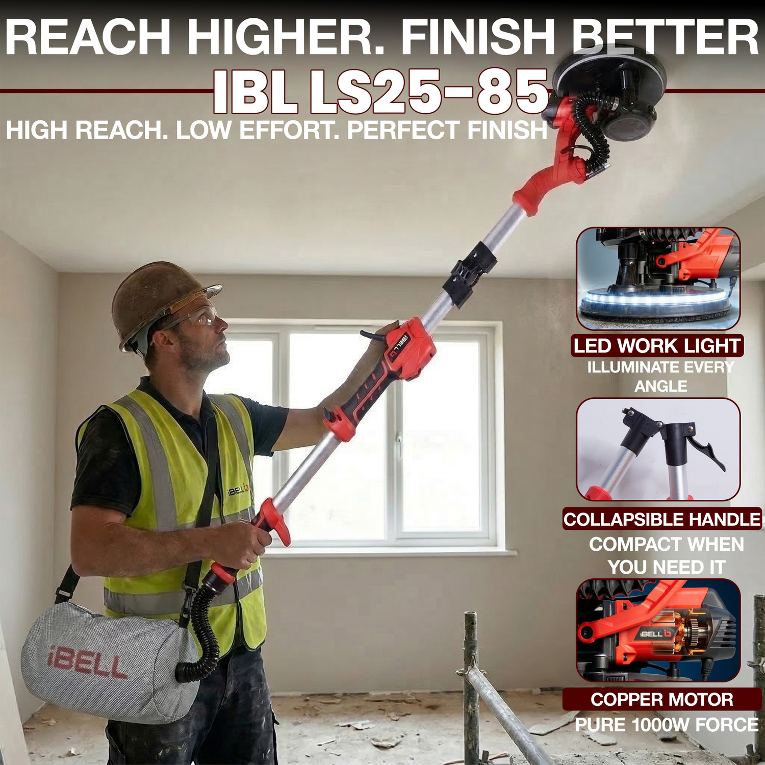 Image of iBELL IBL LS25-85 Drywall Sander Long Handle 9 inch /215mm,1000W,900-1800RPM Variable Speed Drywall Sander
