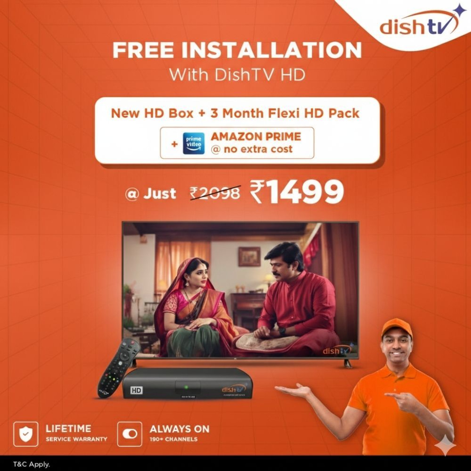Image of Dish TV Only HD Set Top Box | DTH Connection | 3 Months Flexi HD Pack Hindi | 5 Channel Choice | Prime Subscription | 190+Channels Free 2Years | Free Installation