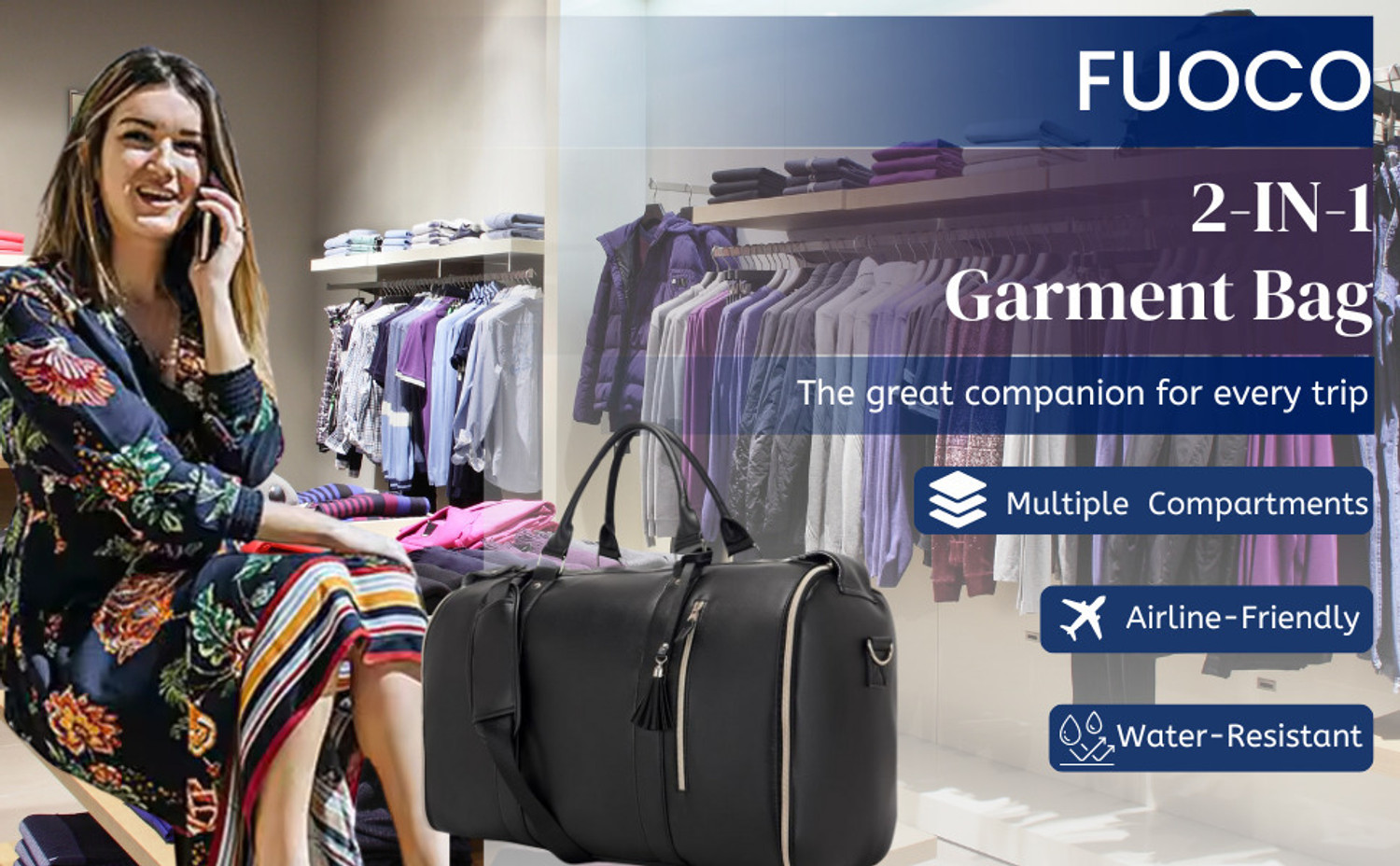 Image of FUOCO (Expandable) Carry On Travel Trolley Bag, Large Size PU Leather Garment Duffle Bag Duffel With Wheels (Strolley)