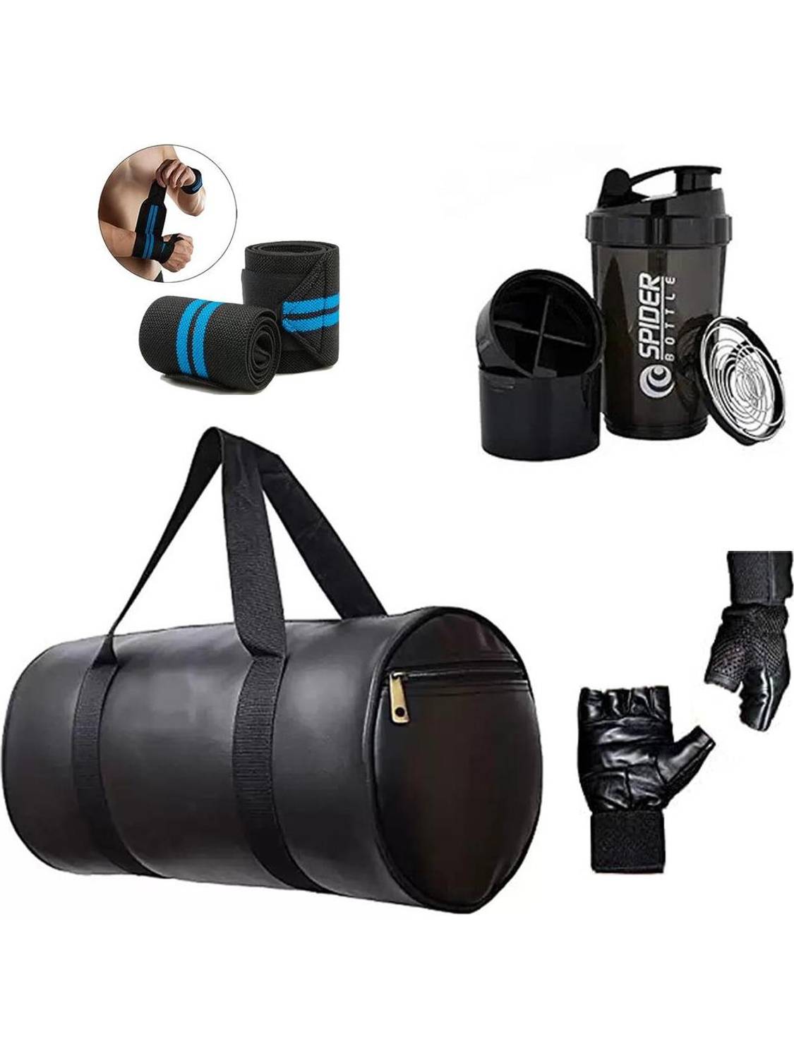ANANYA ENTERPRISES Gym Bag Combo Men's Gloves black Wrist Support Band and big spider shaker Bottle Gym Duffel Bag