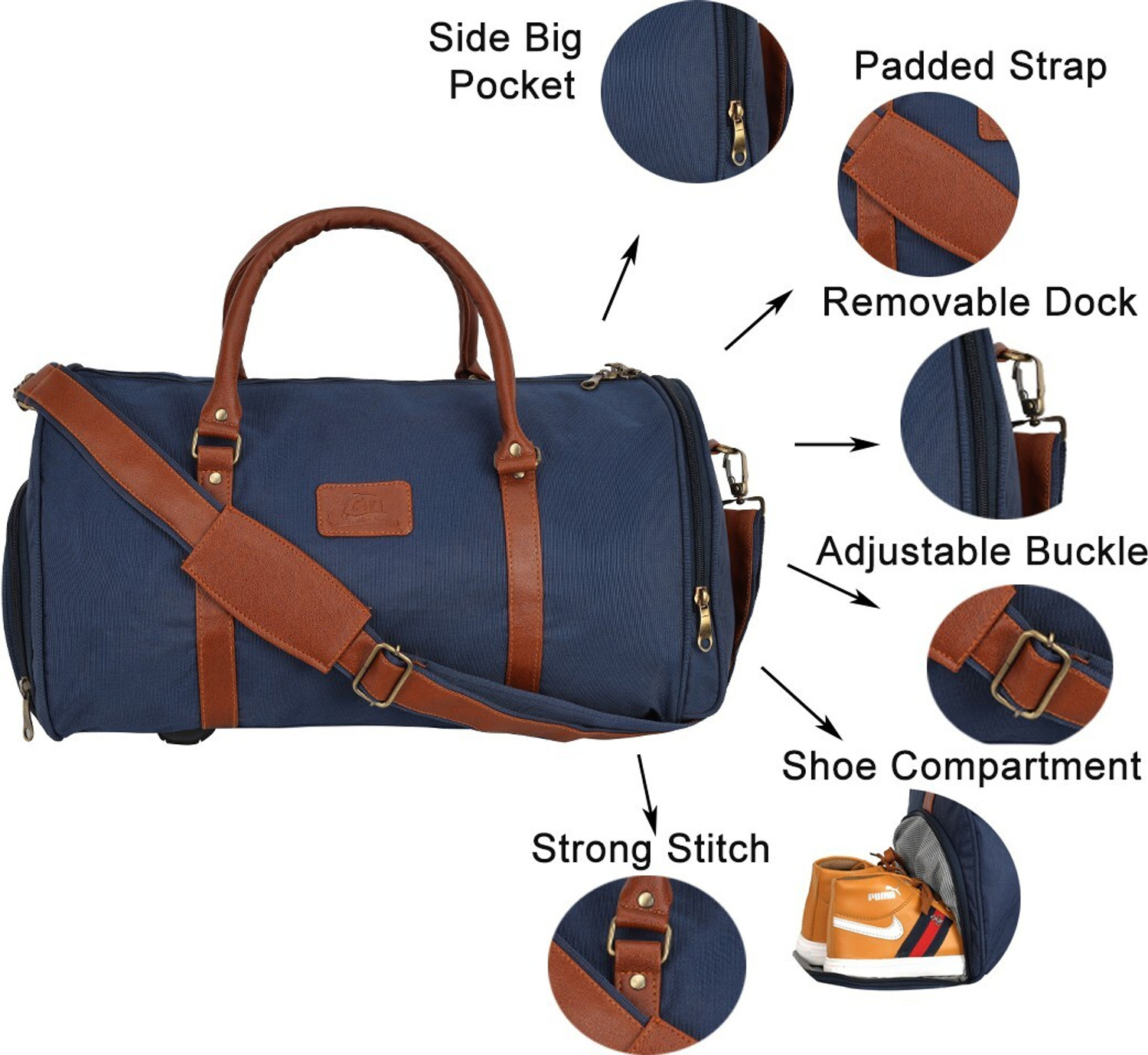Image of Leather World Nylon Blue Color With Shoe Storage Duffel Without Wheels