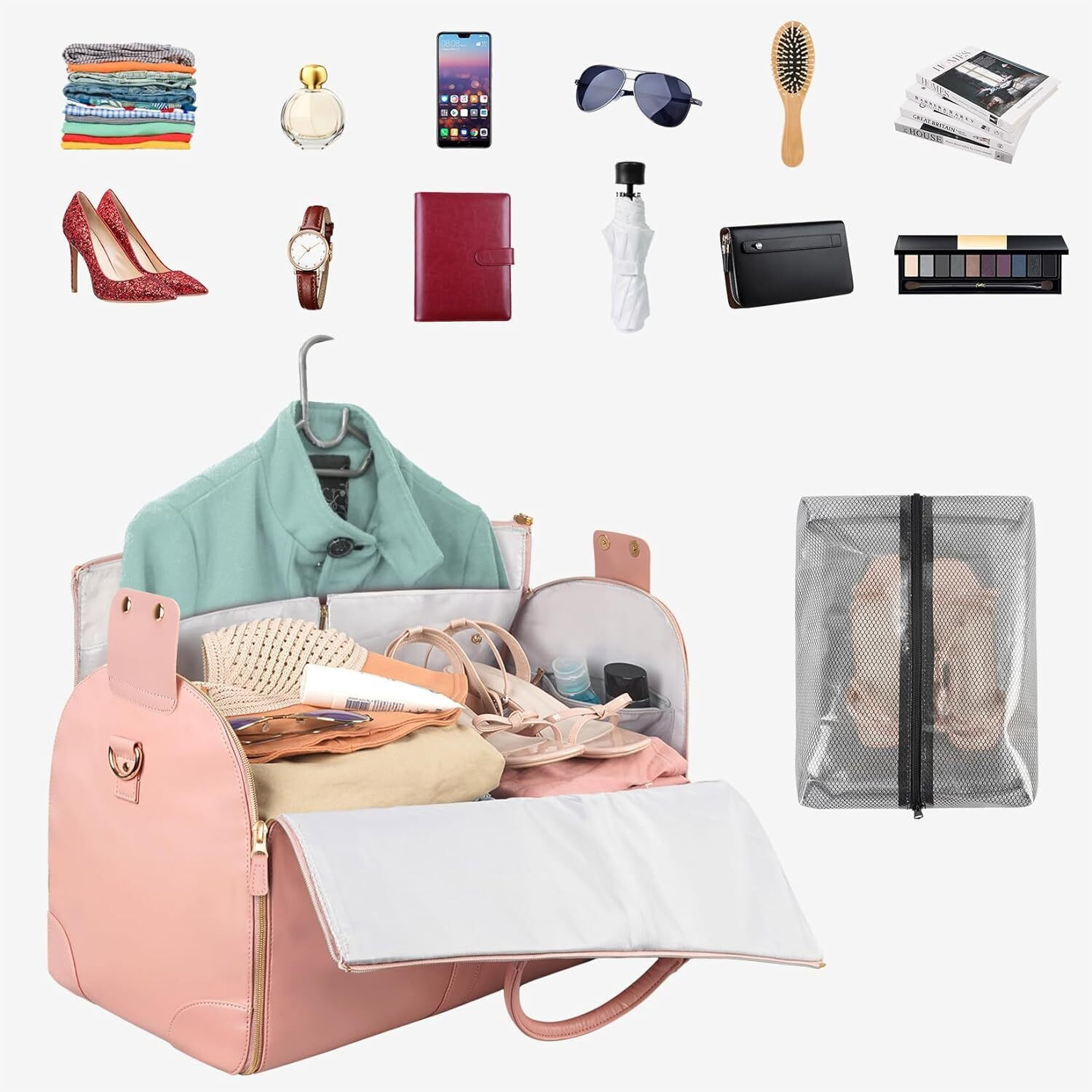 Image of HOUSE OF QUIRK 30 L Hand Duffel Bag - 2 in 1 Hanging Suitcase Suit Water Resistant Duffel Travel Bags with Shoe Pouch - Pink - Regular Capacity