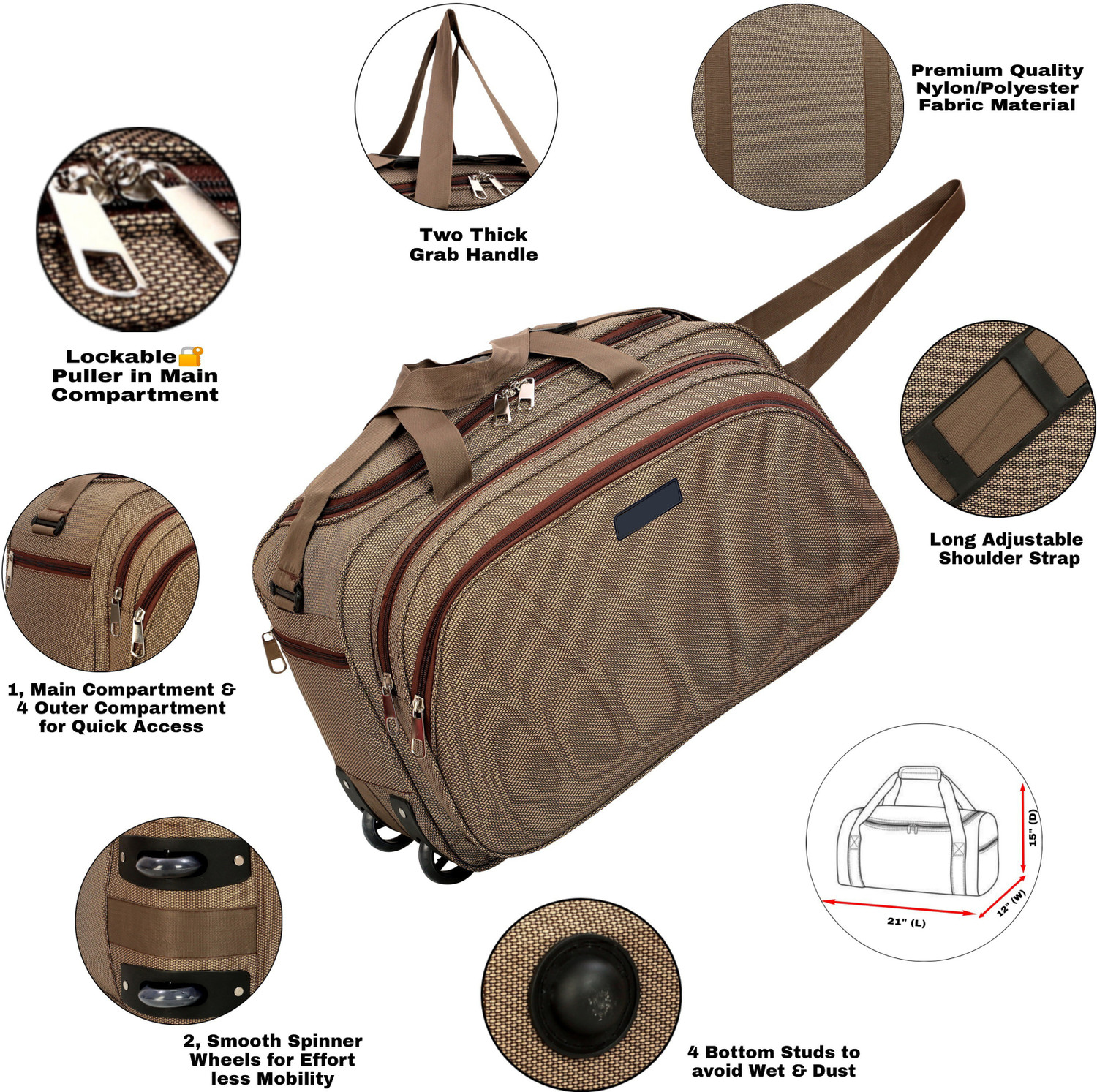 Image of TAHAFASHION 60 L Strolley Duffel Bag - 60 L Strolley Duffel Bag Unisex High Density Travel Bag with Large Capacity - Brown - Large Capacity