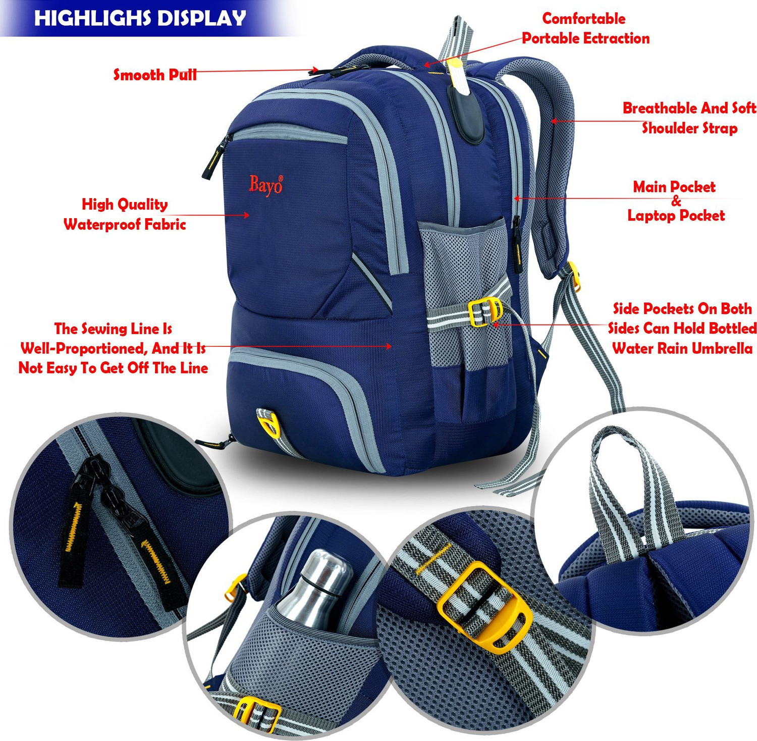 Image of Bayo Luggage Navy Blue Water Resistance School Collage Office picnic& Travel Backpack Duffel Without Wheels