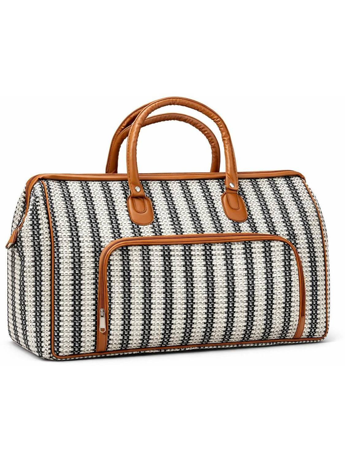 AIM D GAME AG, Striped Duffel Bag Tan Leather, Black and White Pattern Travel Bag Duffel Without Wheels
