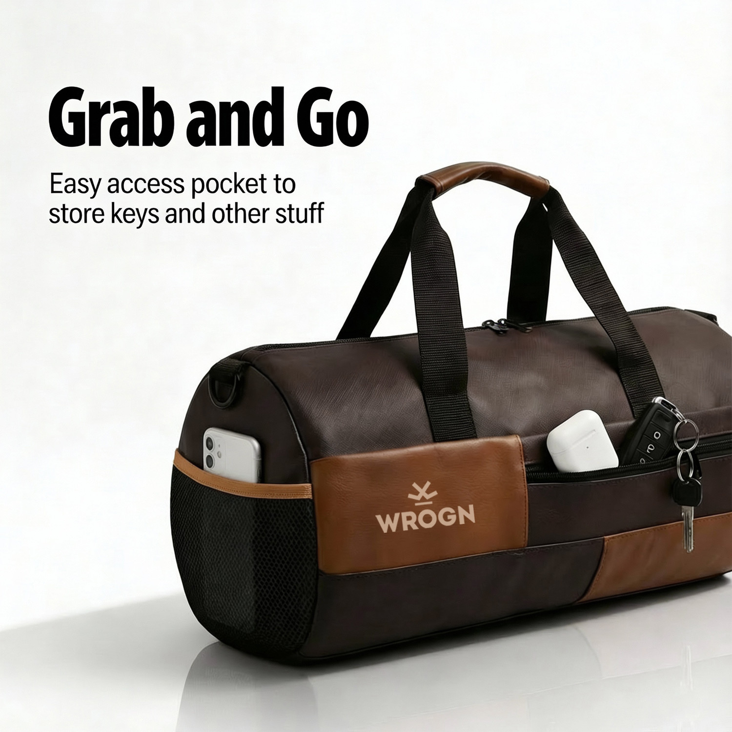 Image of WROGN 30L PU Leather Gym Duffel Bag with Shoe Compartment for Men and Women Gym Duffel Bag