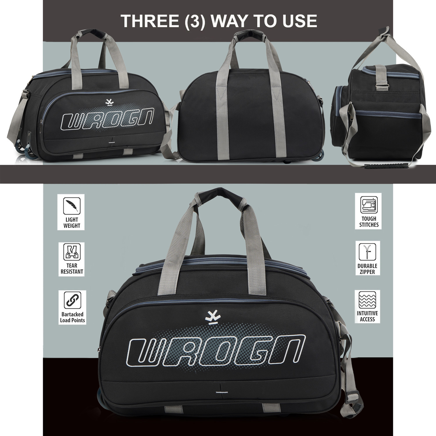 Image of WROGN 50 L Strolley Duffel Bag - 50L Strolley Duffel Bag With Wheels-20 Inch Regular Capacity Unisex Waterproof - Black - Regular Capacity