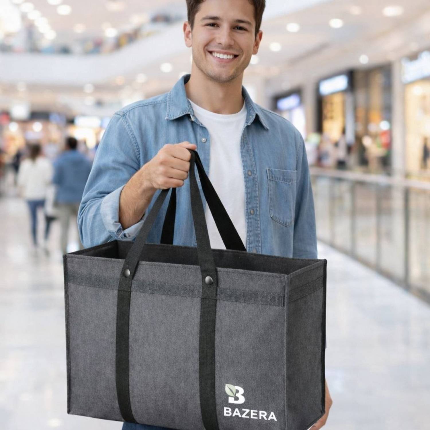 BAZERA (Expandable) Large Grocery Shopping Bag, Heavy Duty Canvas Fabric with Strong Handles Duffel Without Wheels