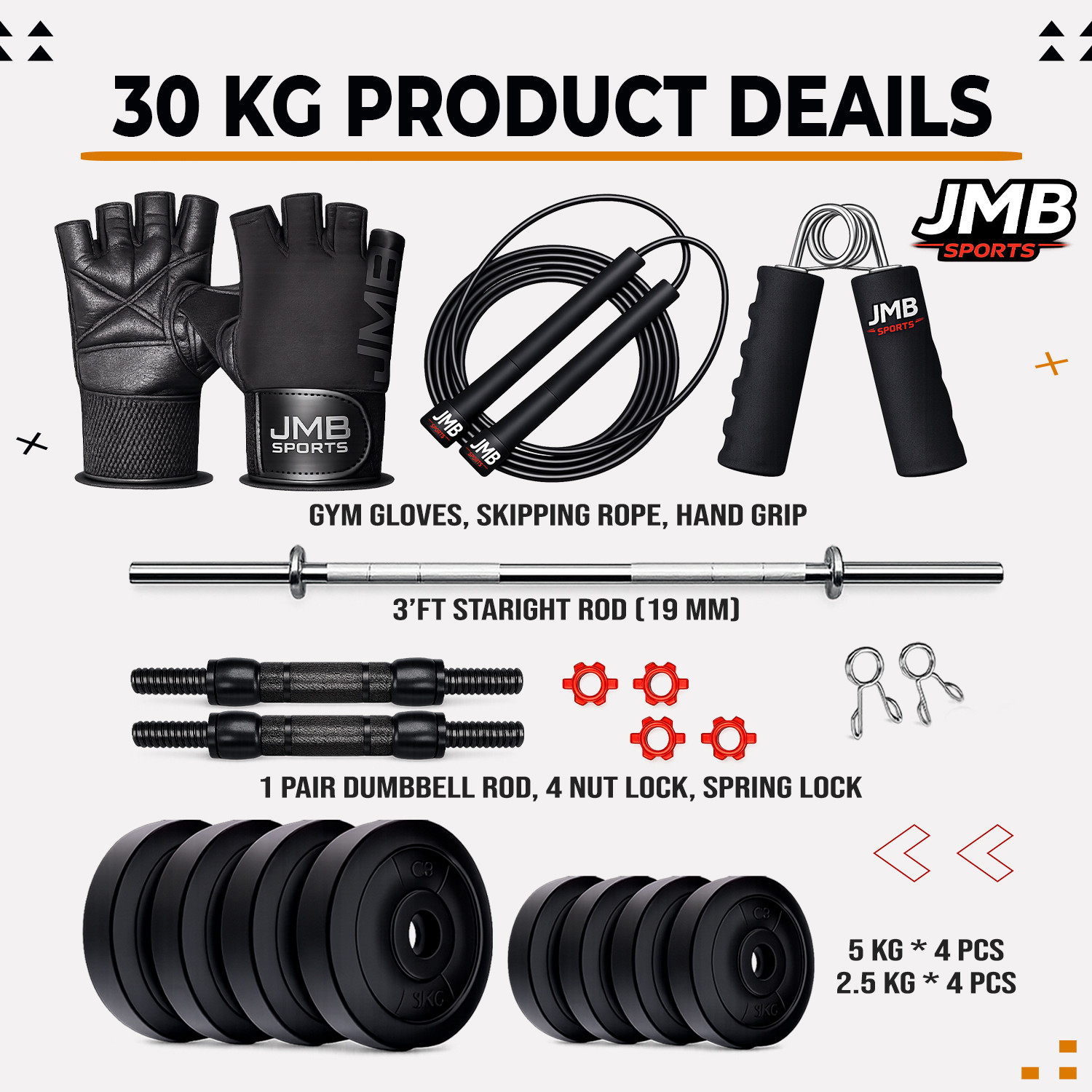 Image of JMB 30kg Dumbbell Set with 3ft straight rod, dumbbell rods, pvc plates & accessories Adjustable Dumbbell