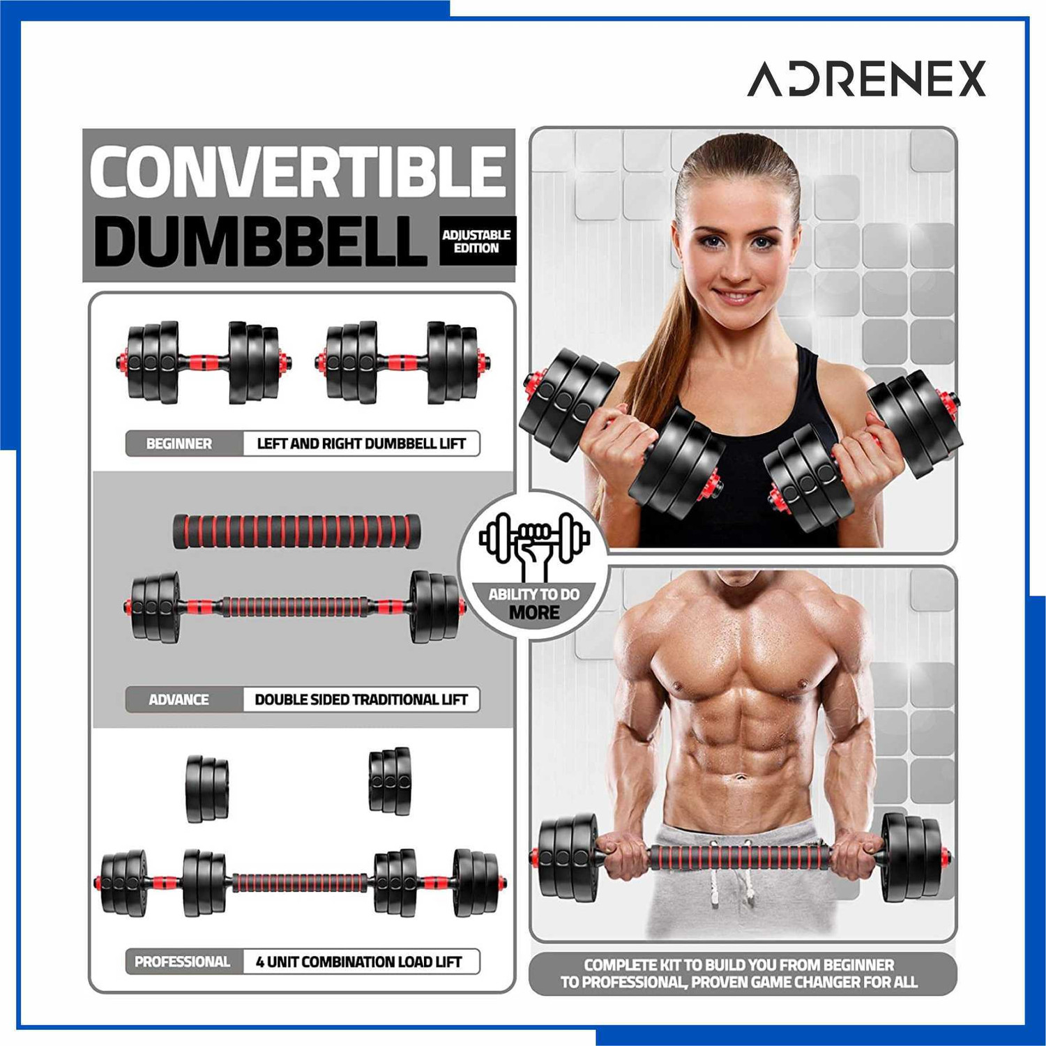 Image of Adrenex 3 IN 1 Convertible Dumbbells Kit 30 Kg For Home Gym Adjustable Dumbbell