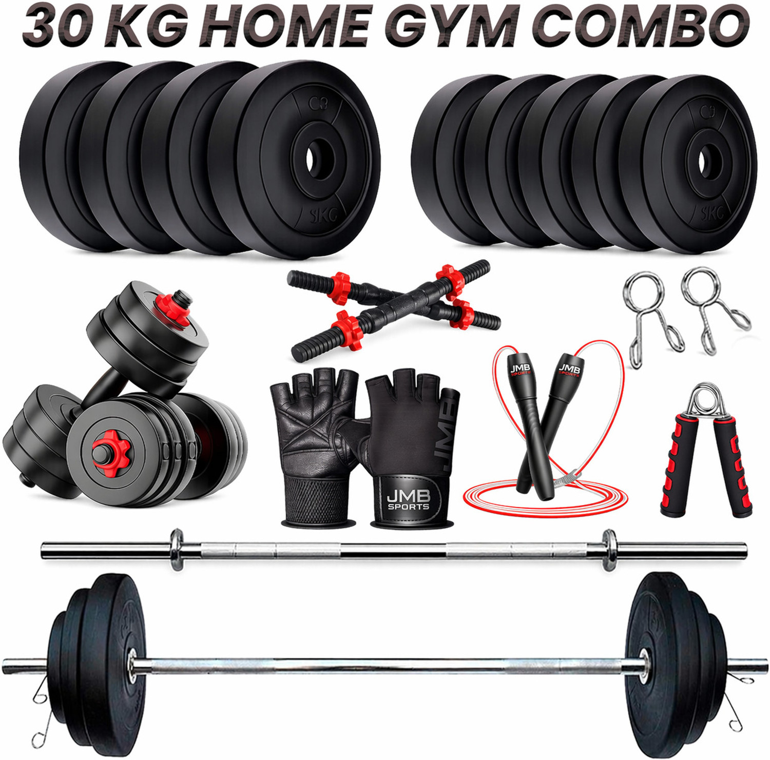 Image of JMB 30KG-5kgx4 /2.5kg*4 plates, 3ft straight rod, dumbbell rod & Accessories Home Gym Combo