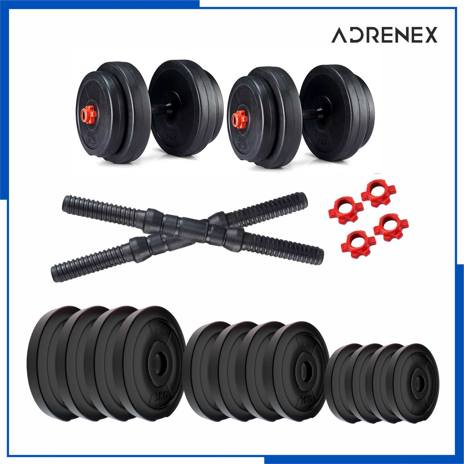 Image of Adrenex 24 Kg PVC Weight Plates with ONE Pair RODS Adjustable Dumbbell