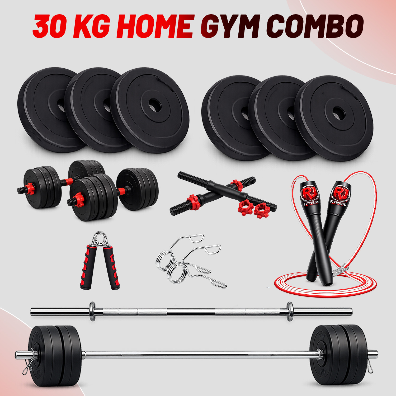 Image of rj fitness 32 kg 30kg-5kg*4 /2.5kg*4 pvc plates, 3ft straight rod, dumbbell rods & Accessories Home Gym Combo