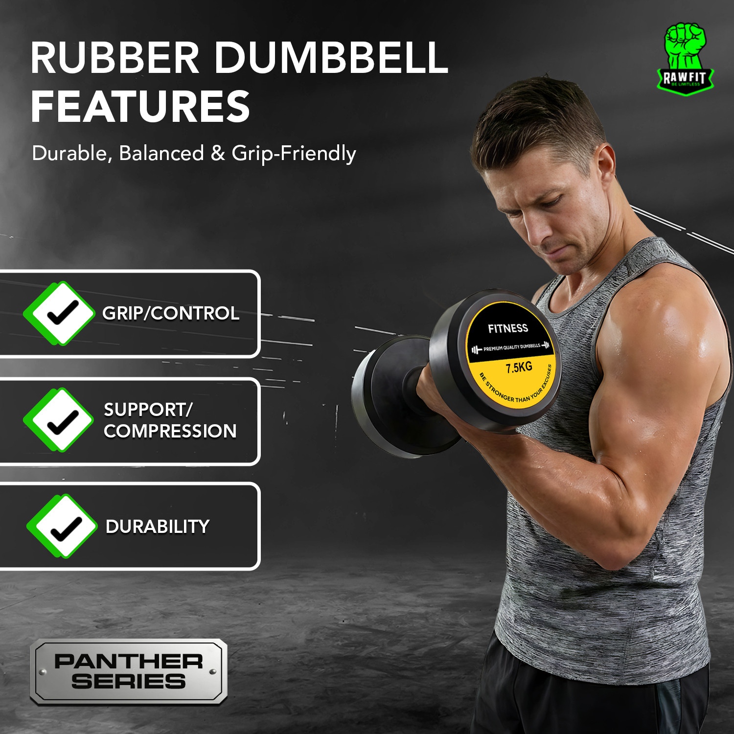 Image of RAWFIT Captain America Style Black Rubber 7.5kgX2 Fixed Weight Dumbbell