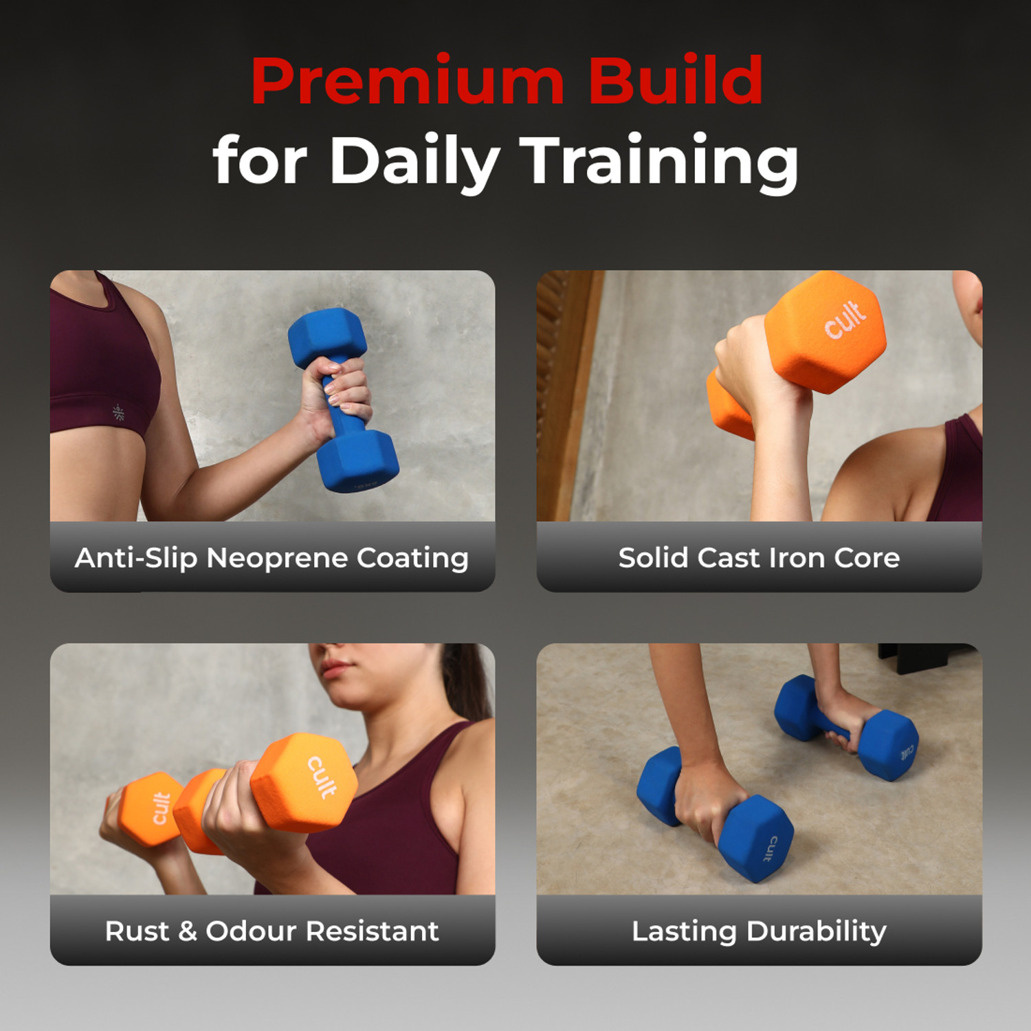 Image of Cult Neoprene Dumbbell Combo for Home Gym 2kg, 3kg, 5kg Pair(20kg) Dumbbell with Rack Fixed Weight Dumbbell