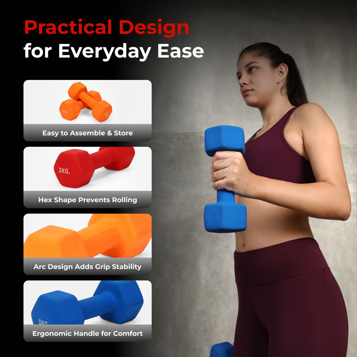 Image of Cult Neoprene Dumbbell Combo for Home Gym 2kg, 3kg, 5kg Pair(20kg) Dumbbell with Rack Fixed Weight Dumbbell