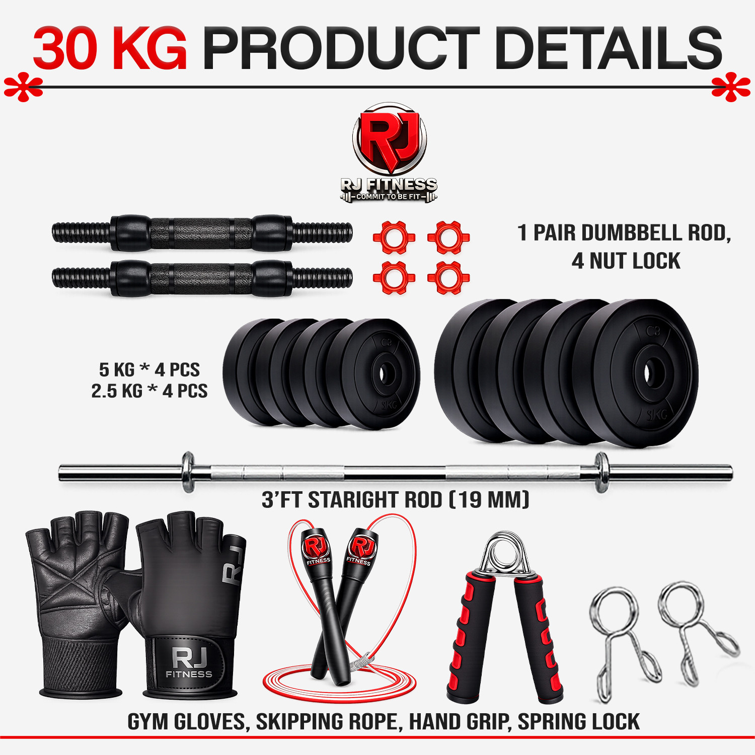 Image of rj fitness 30kg-5kgx4 /2.5kgx4 plates,3ft straight rod+dumbbell rod & accessories Adjustable Dumbbell