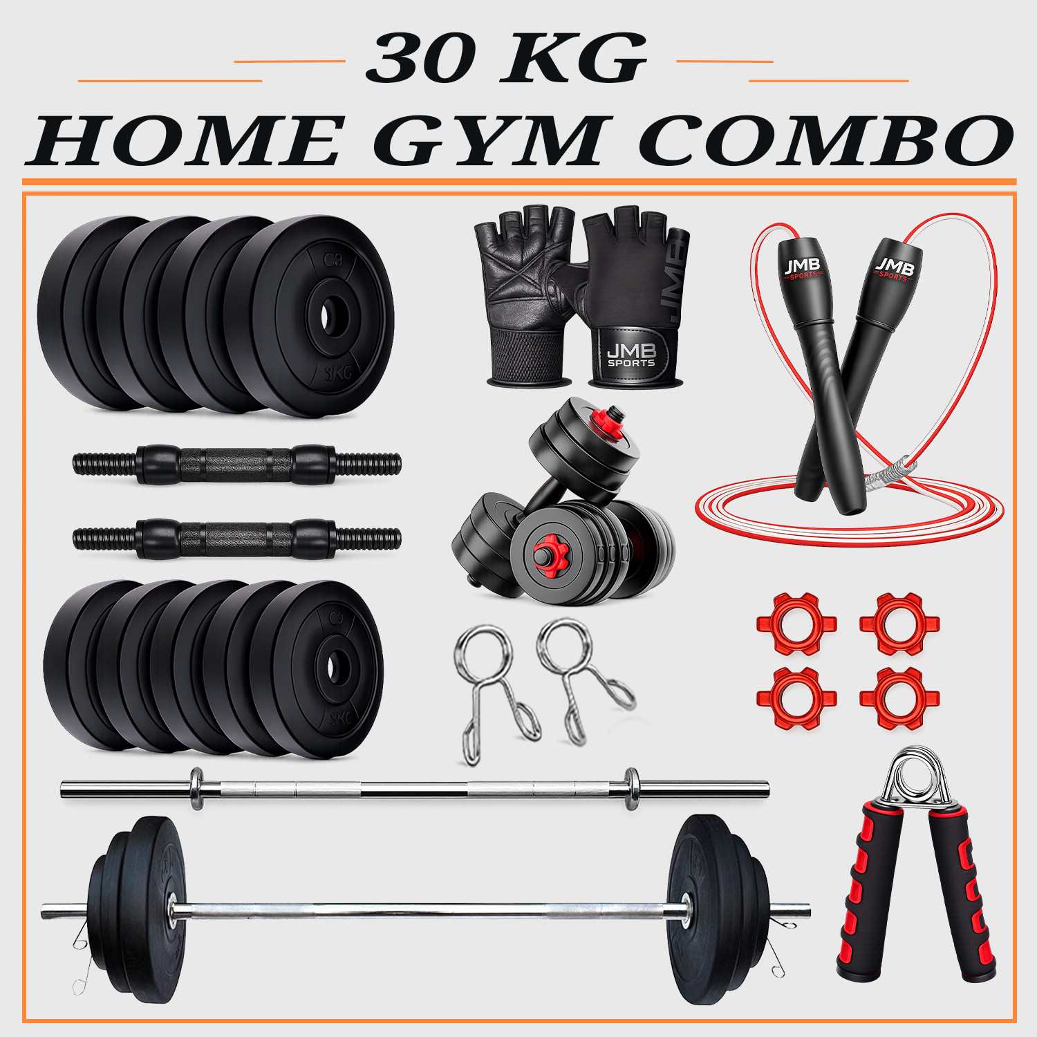 Image of JMB 30 kg FITNESS GYM KIT + 3Ft Straight ROD & FITNESS ACCESSORIES Fitness Accessory Kit Home Gym Combo