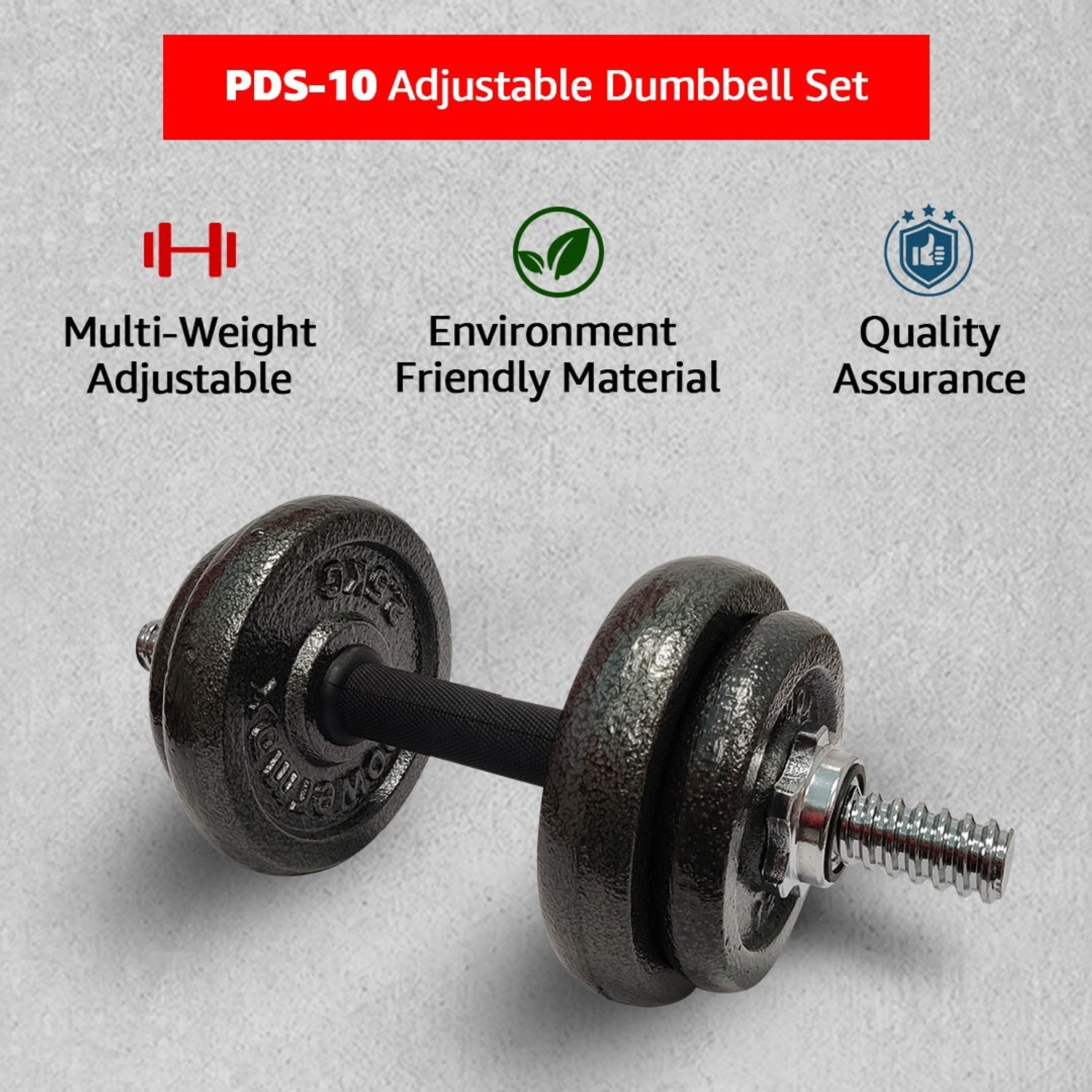 Image of Powermax Fitness PDS-10KG Solid Iron Dumbbell Set with Non-Slip Grip Handle for Home Use Adjustable Dumbbell