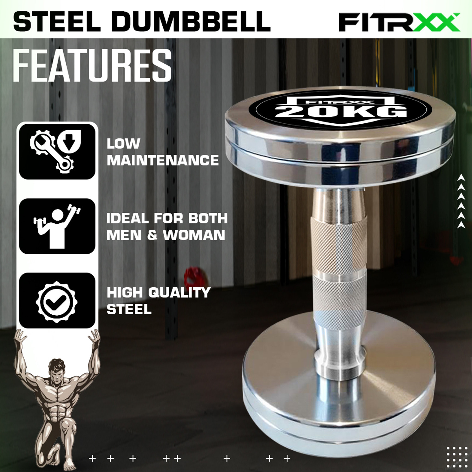 Image of FITRXX 20 kg Steel Chrome Dumbbells Round Shape Iron Dumbbell Set Fixed Weight Dumbbell