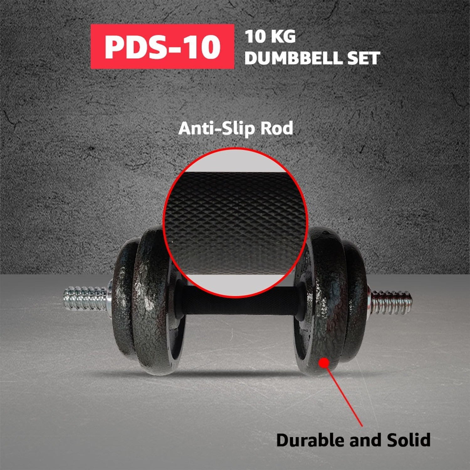 Image of Powermax Fitness PDS-10KG Solid Iron Dumbbell Set with Non-Slip Grip Handle for Home Use Adjustable Dumbbell