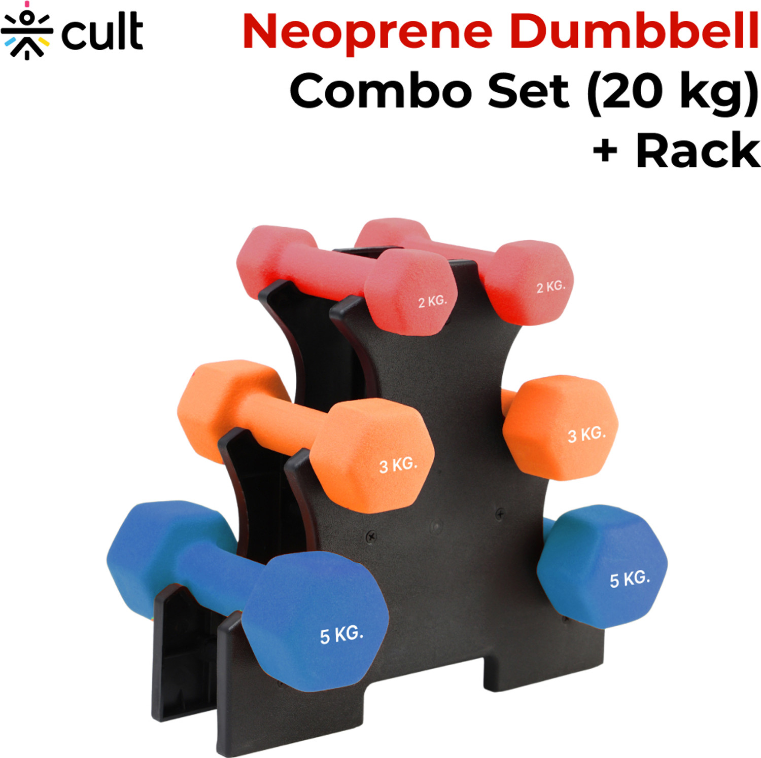 Image of Cult Neoprene Dumbbell Combo for Home Gym 2kg, 3kg, 5kg Pair(20kg) Dumbbell with Rack Fixed Weight Dumbbell